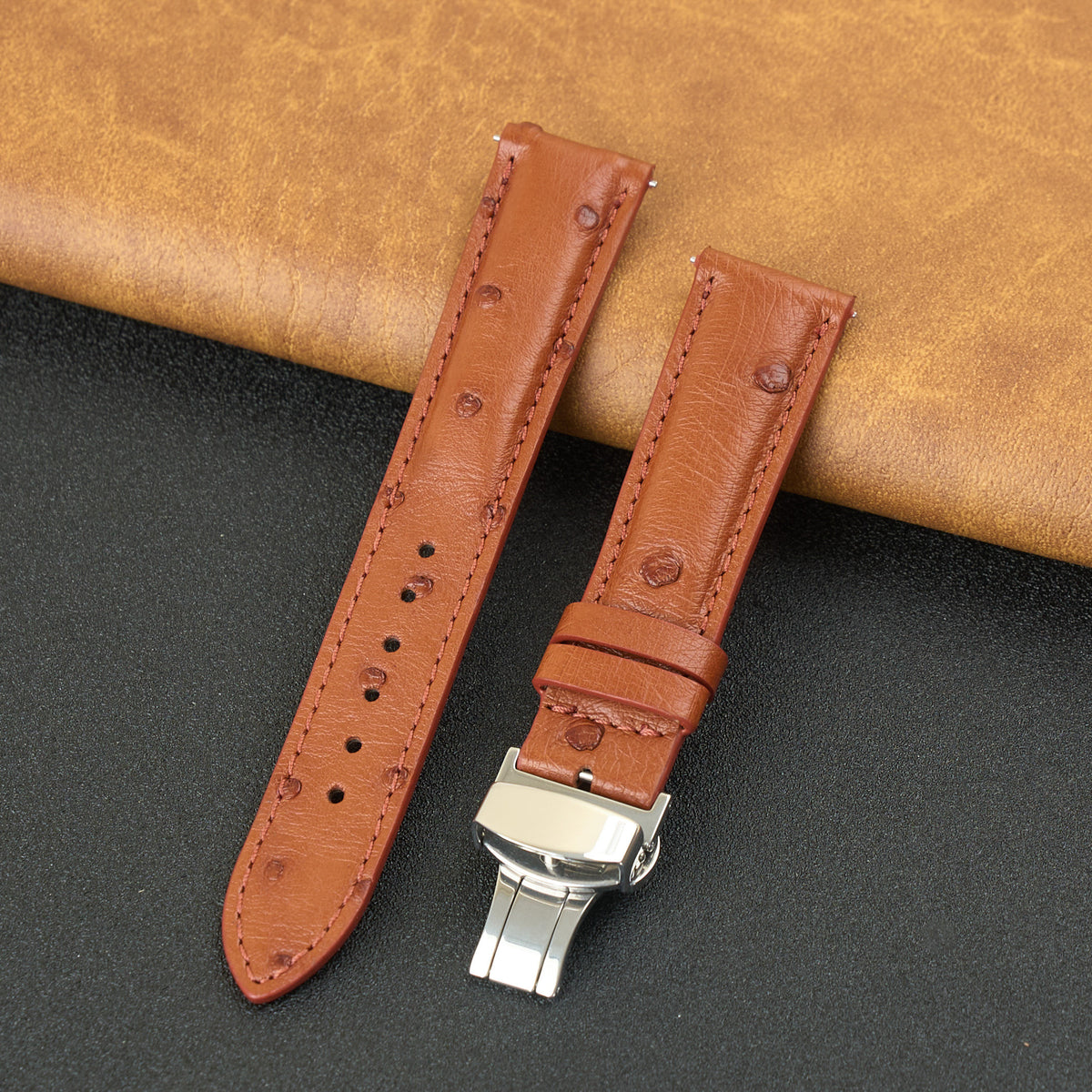 Brown Ostrich Leather Watch Strap with Deployment Clasp