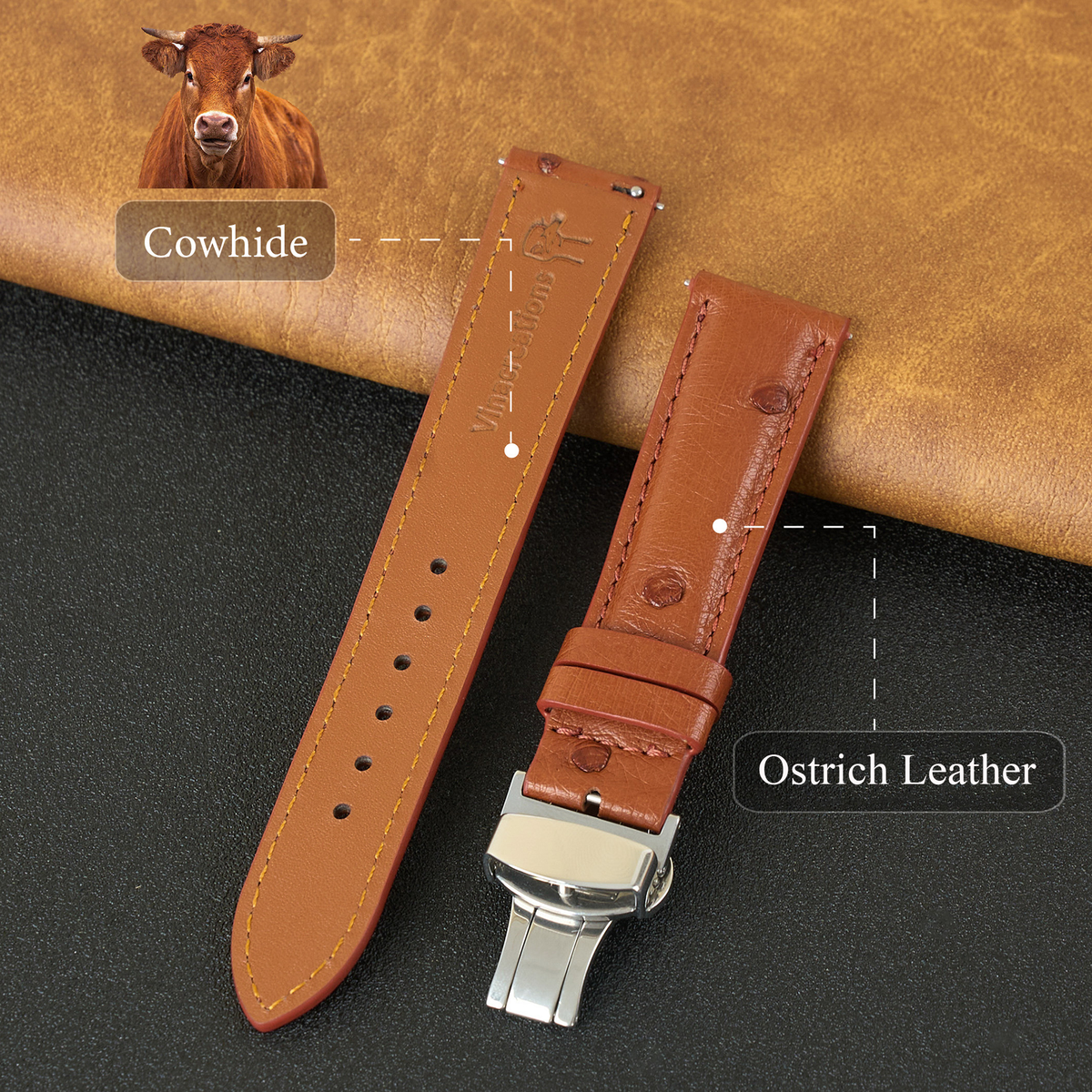 Brown Ostrich Leather Watch Strap with Deployment Clasp