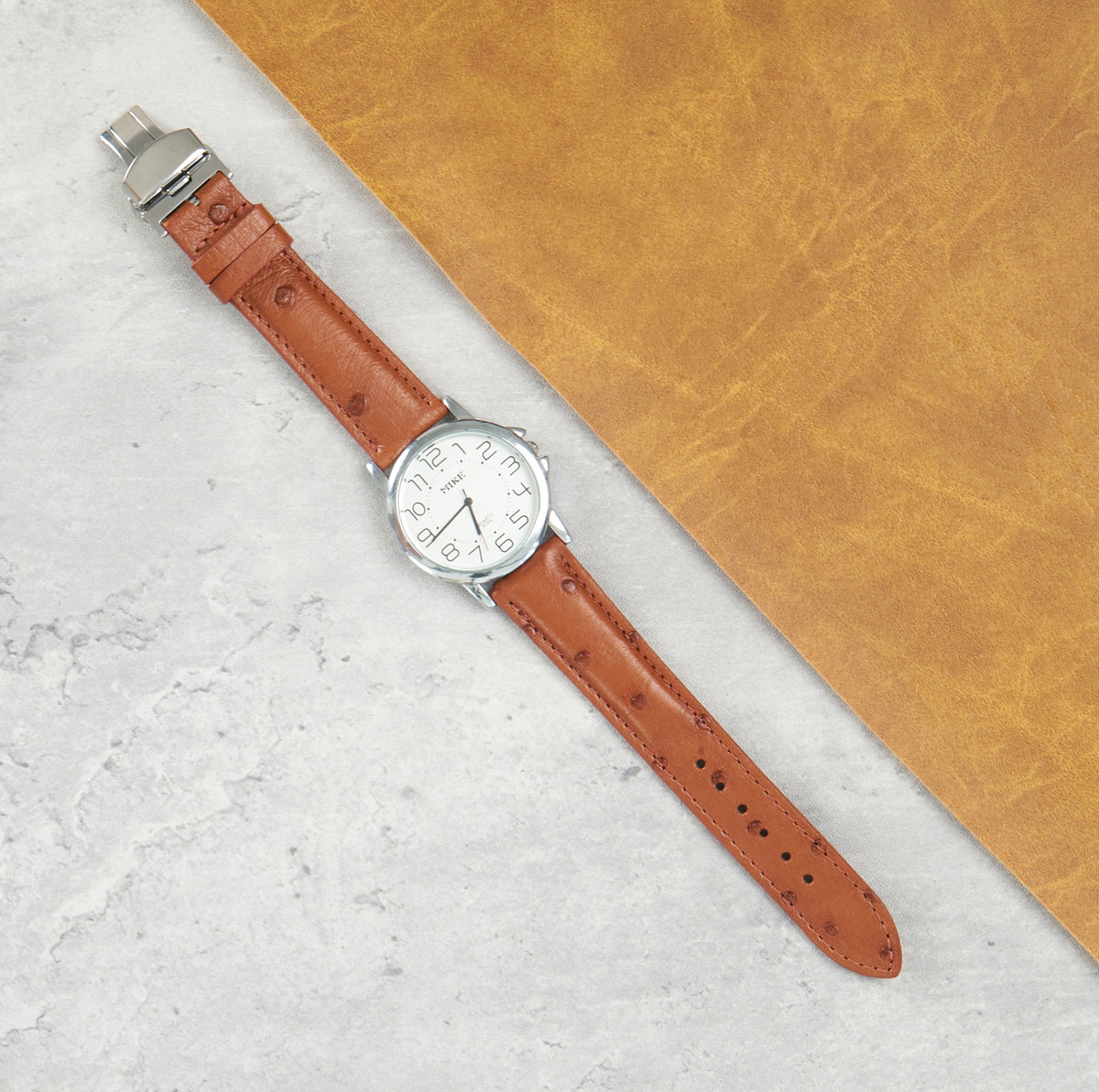 Brown Ostrich Leather Watch Strap with Deployment Clasp