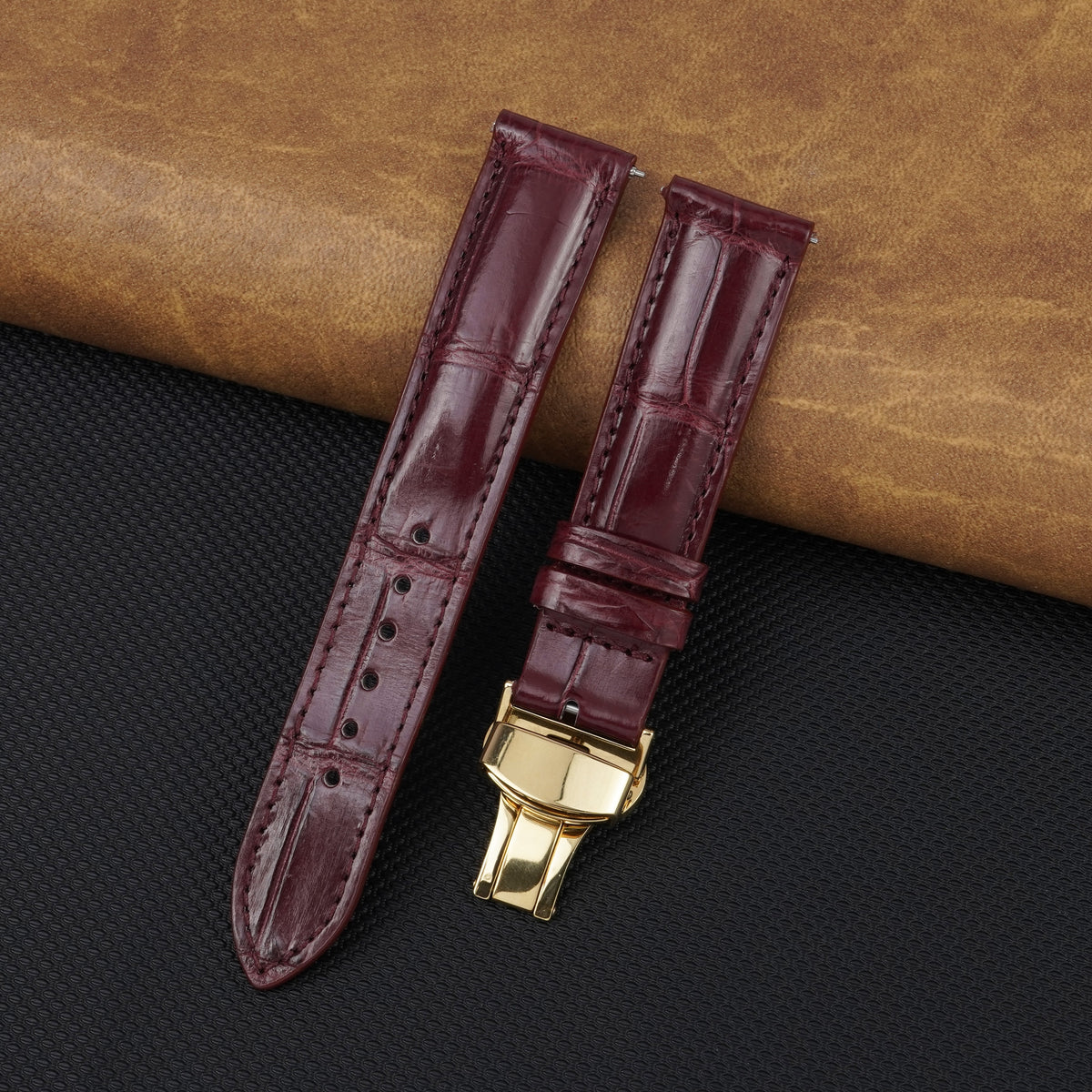Burgundy Alligator Leather Watch Strap with Deployment Clasp