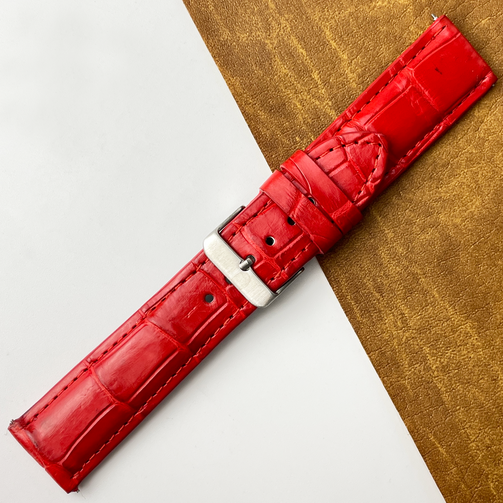 Bright Red Unique Pattern Alligator Leather Watch Band
