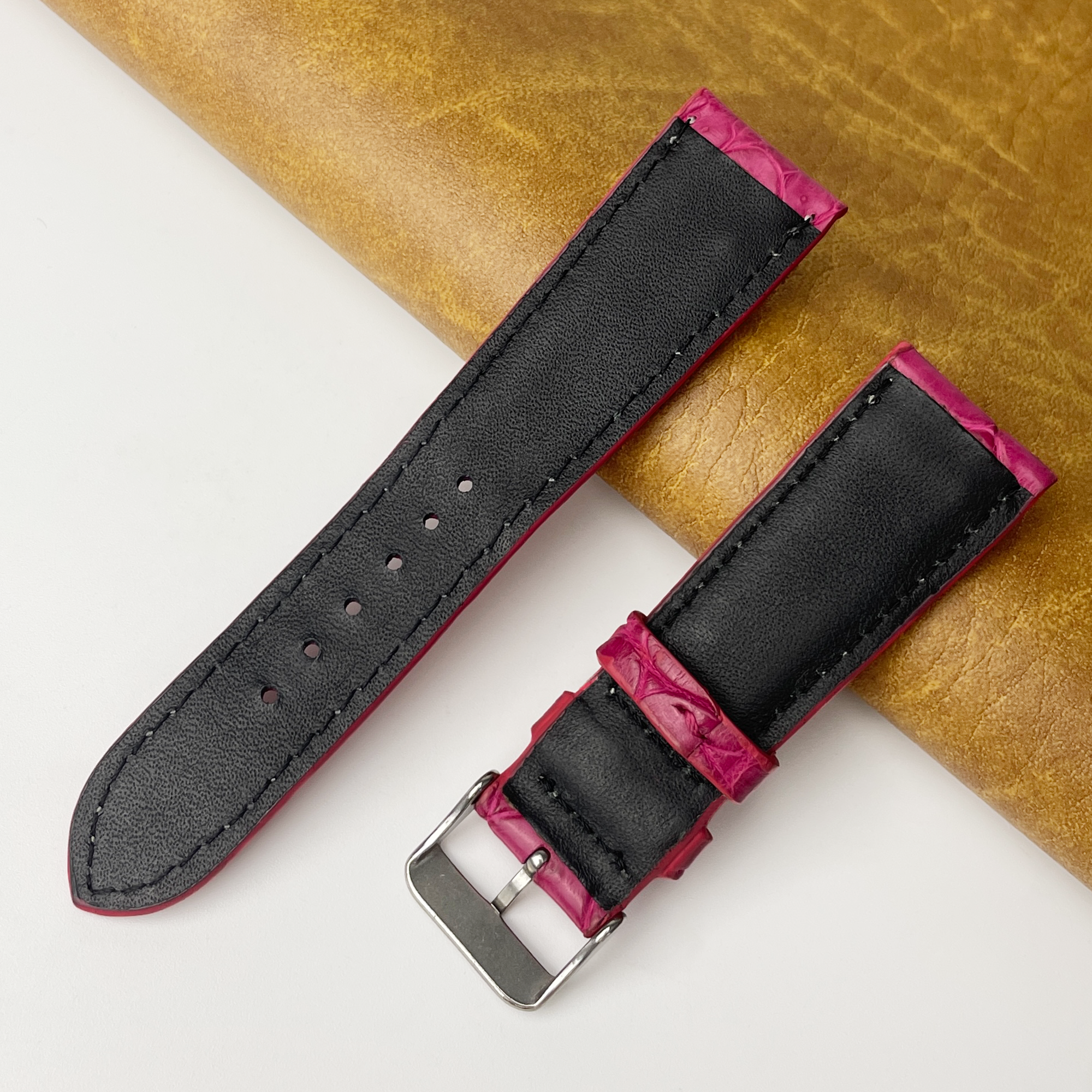Pink Purple White Stitching Alligator Leather Watch Band For Men
