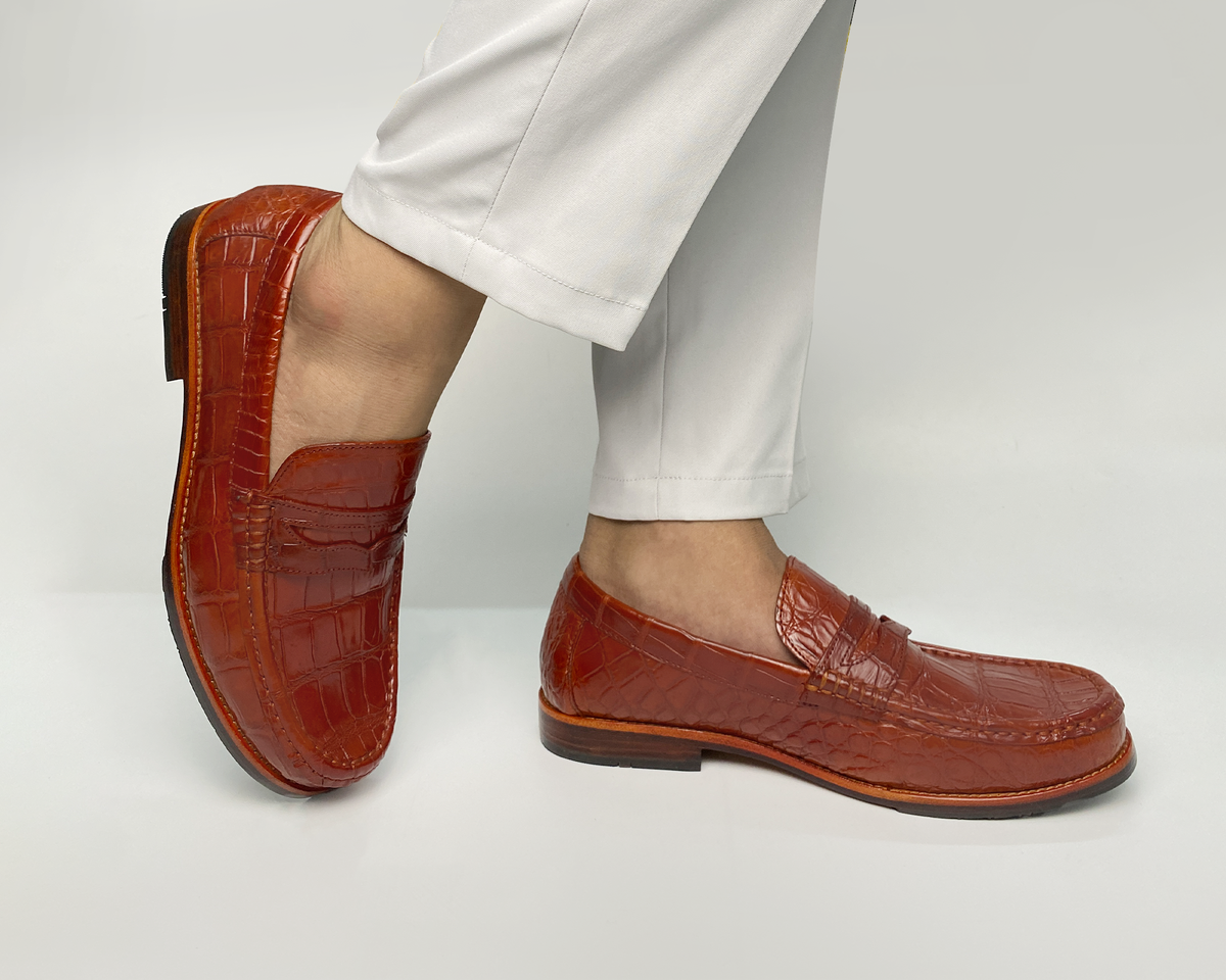 Light Brown Mens Crocodile Leather Penny Loafers |Belly Alligator Mens Designer Loafers | SH46E