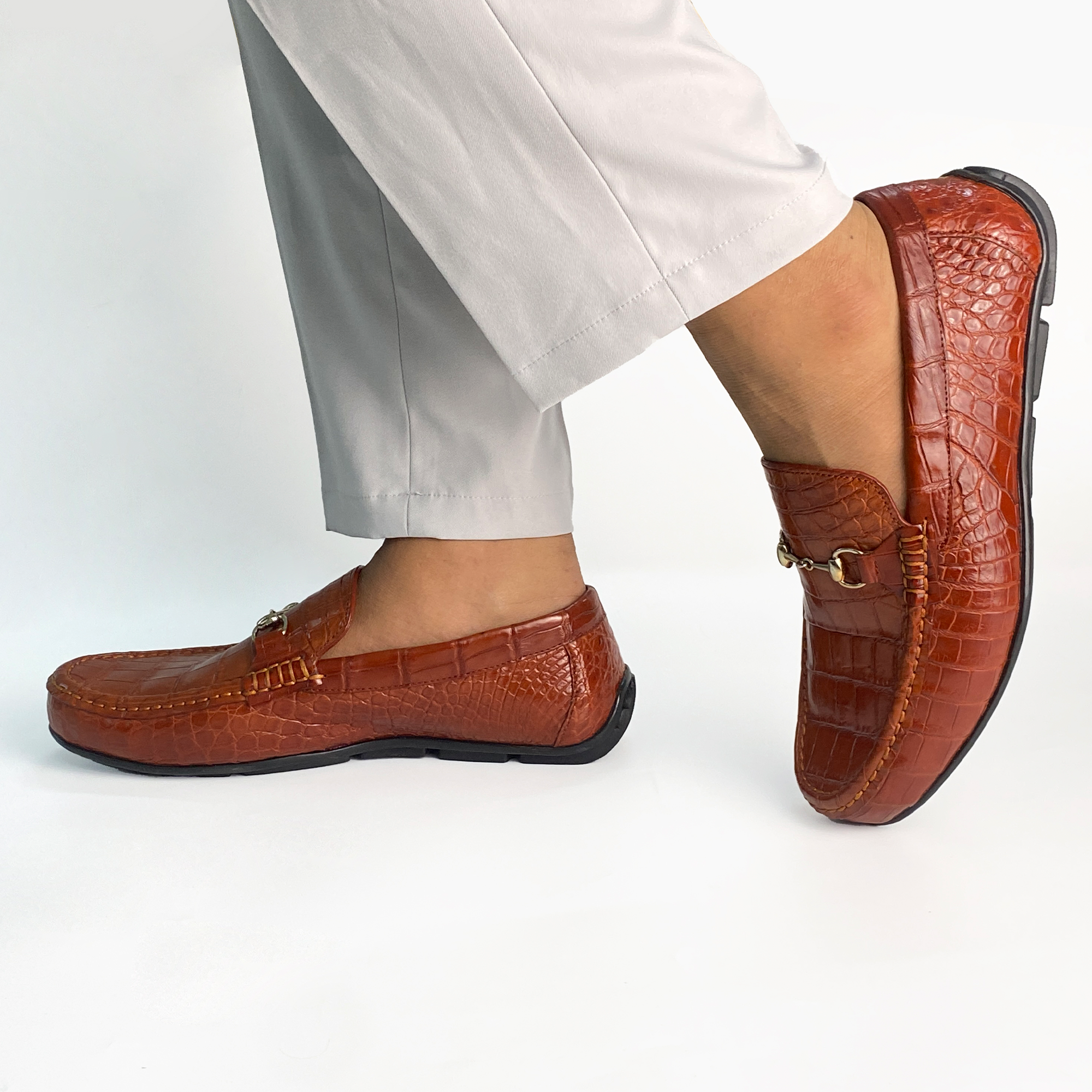 Men's Light Brown Alligator Leather Horsebit Loafers | Belly Crocodile Skin Loafer Shoes For Men - SH26C42
