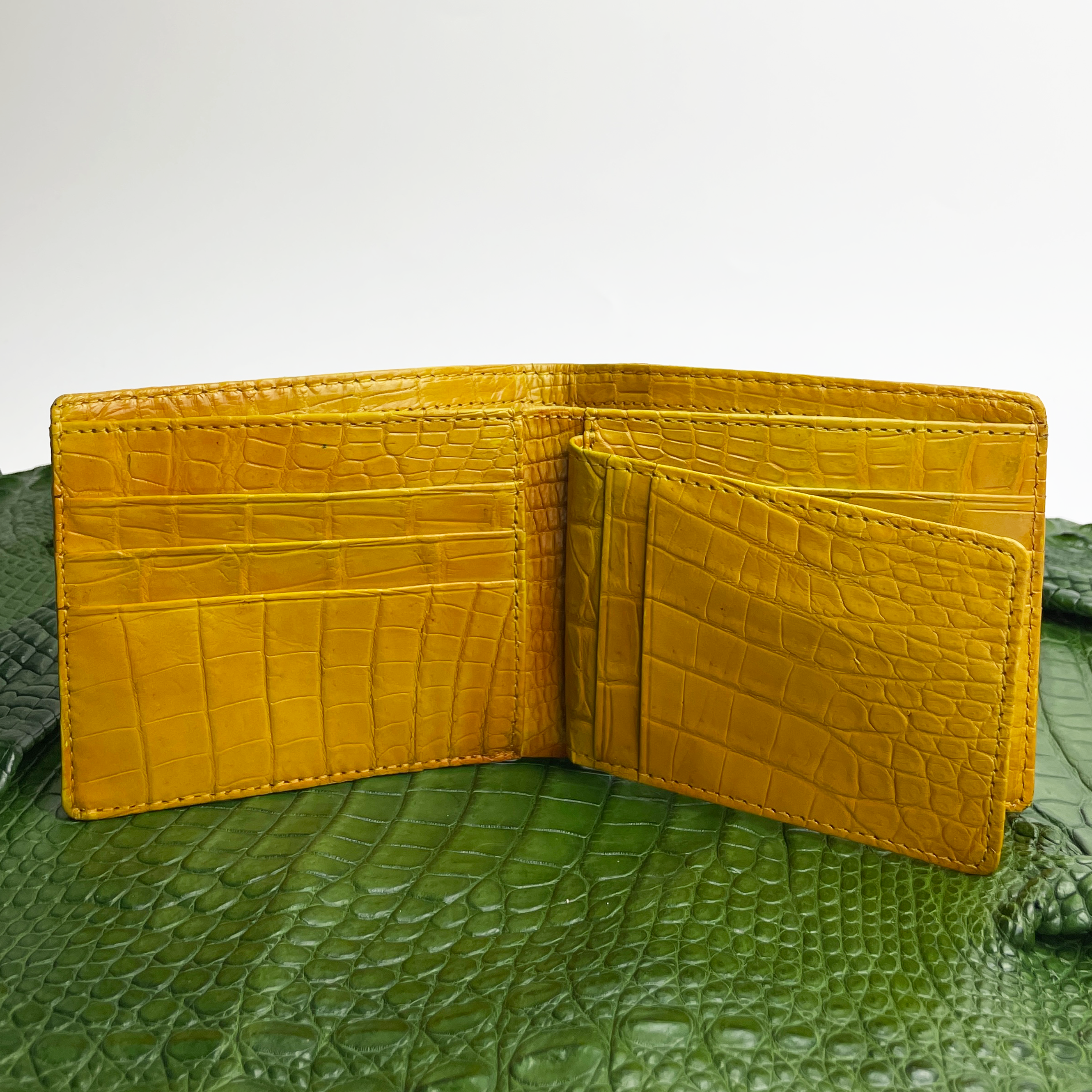 Yellow Double Side Alligator Hornback Leather Bifold Wallet