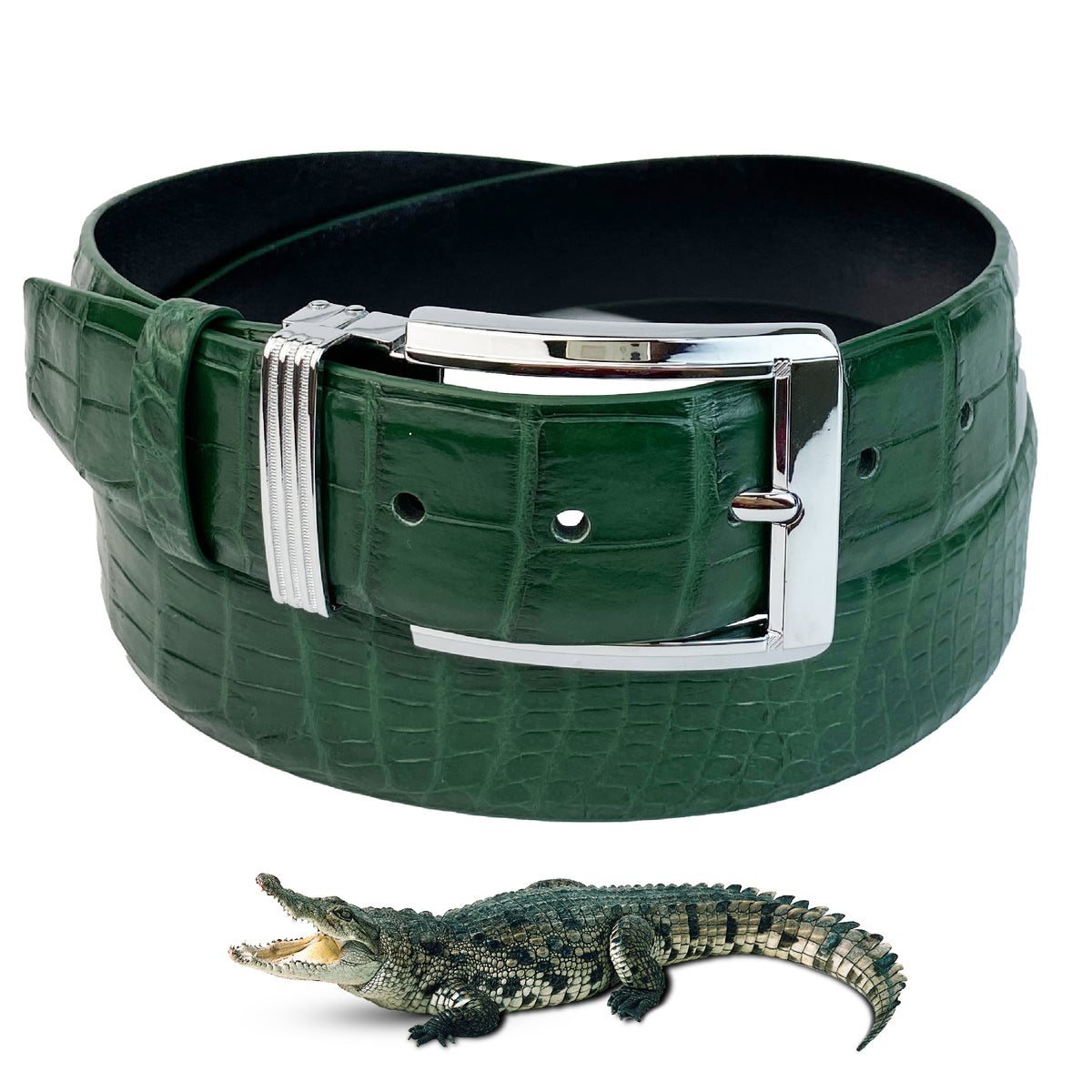 Handmade Green Alligator Belt Men's - Crocodile Skin Belly Belt 1.5" - Pin Buckle