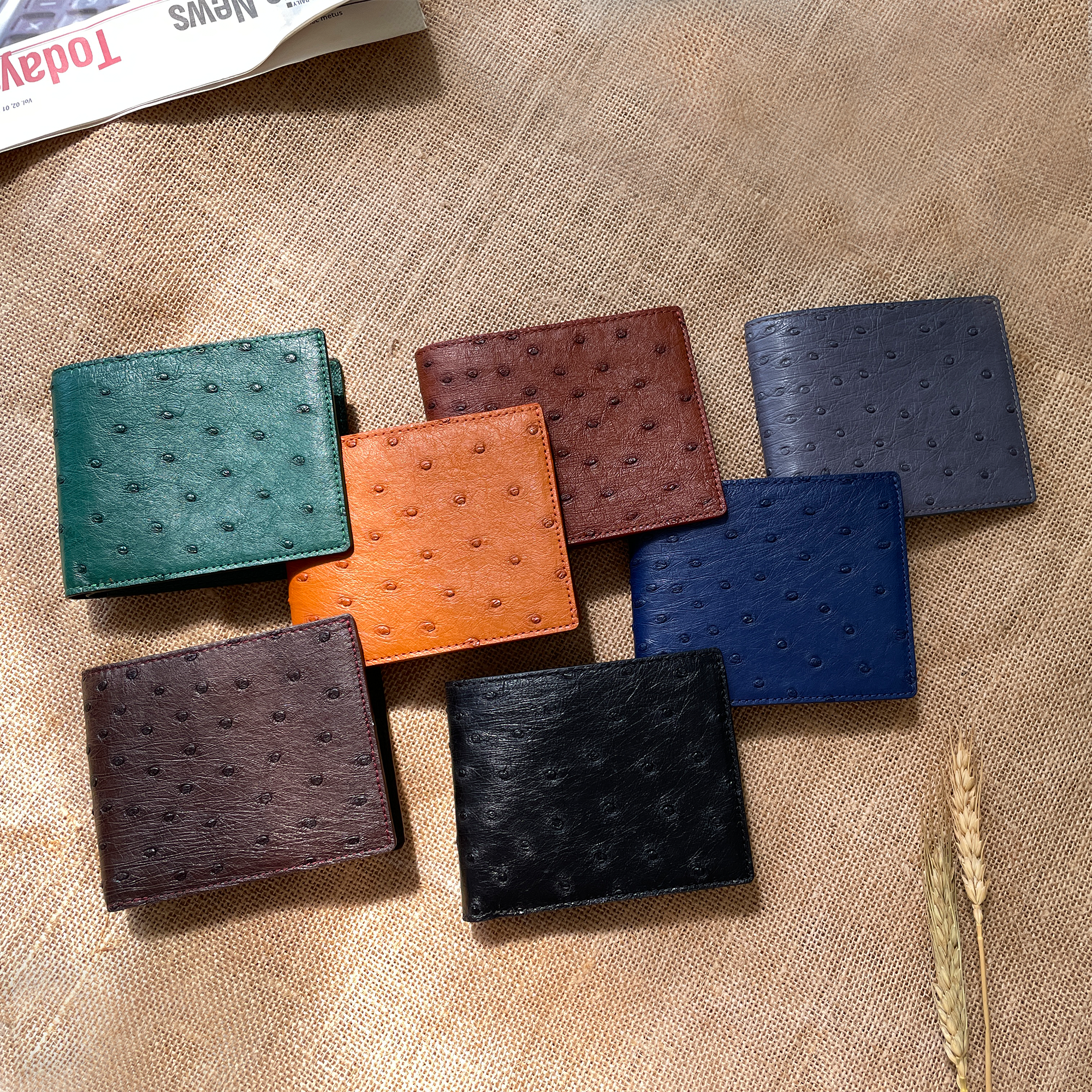 Brown Handmade Double Side Ostrich Leather Bifold Wallet for Men