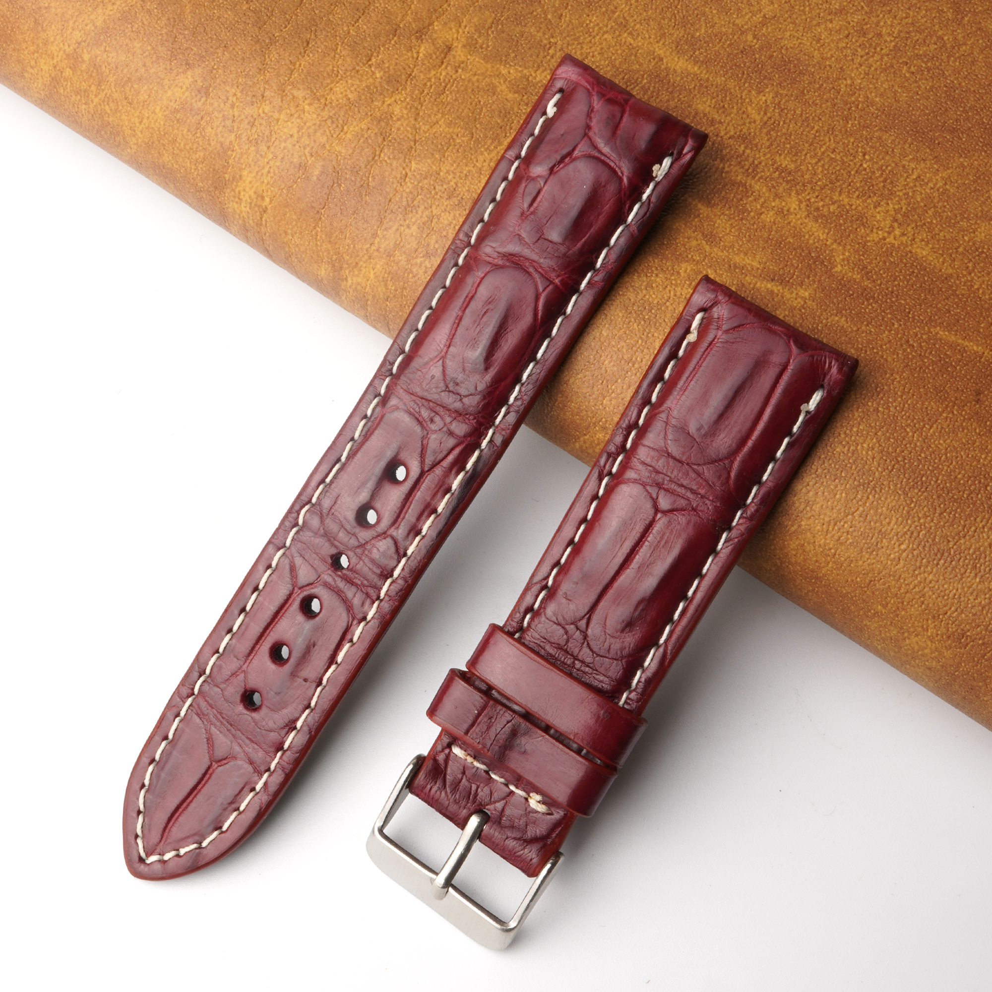 22mm Burgundy Unique Pattern Alligator Leather Watch Band For Men DH-224V