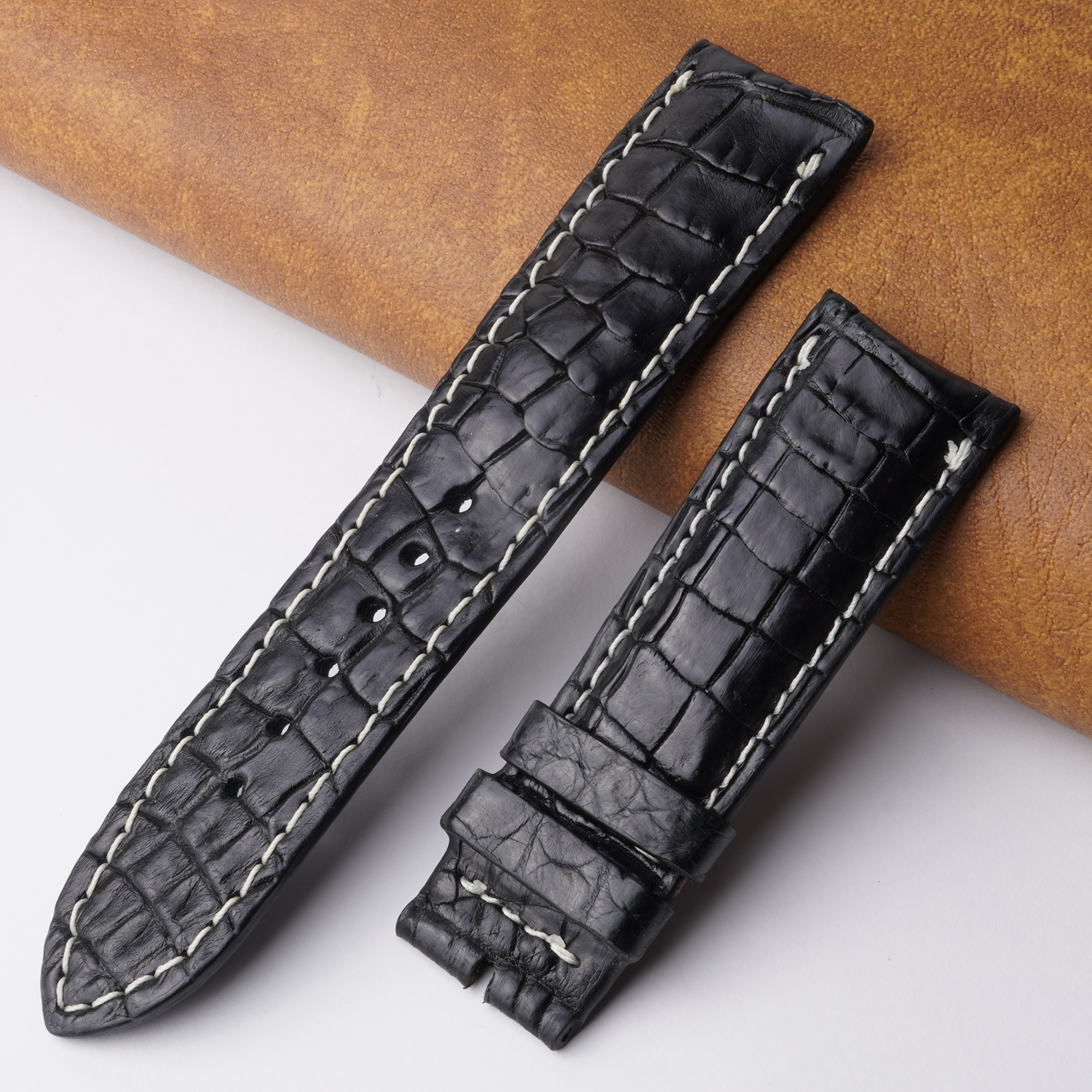22mm Black Unique Pattern Alligator Leather Watch Band For Men DH-01B