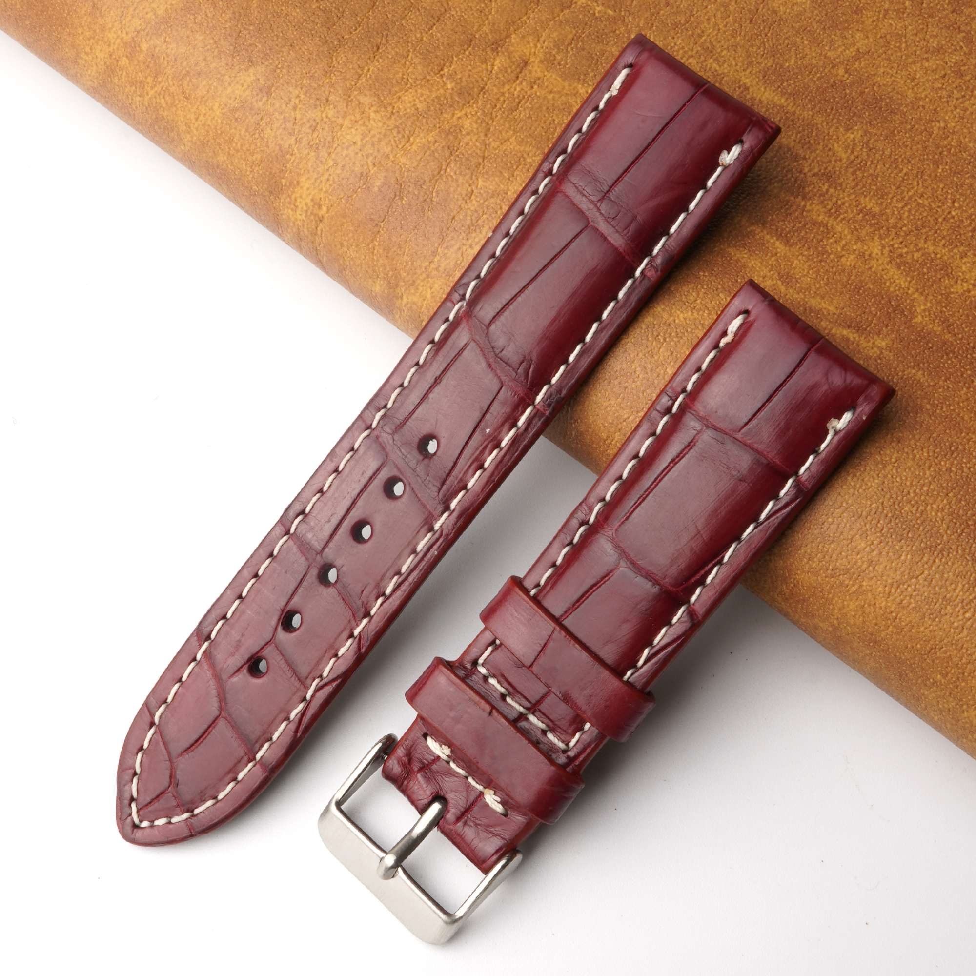 22mm Burgundy Unique Pattern Alligator Leather Watch Band For Men DH-224X