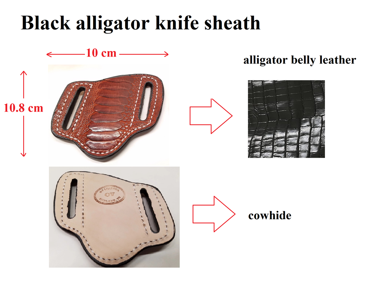 Custom black alligator leather knife sheath for Rachel