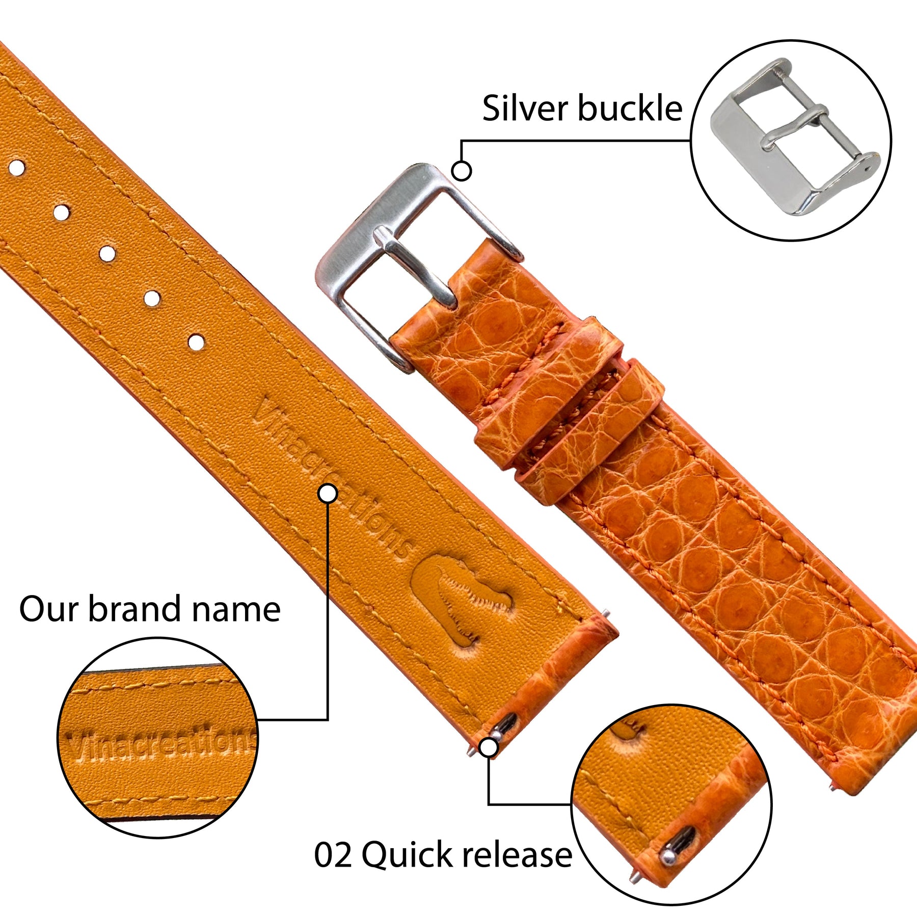 20mm Orange Carrot No-Padding Alligator Leather Watch Band | Flat Crocodile Skin Replacement Wristwatch Strap | DH-29 - Vinacreations