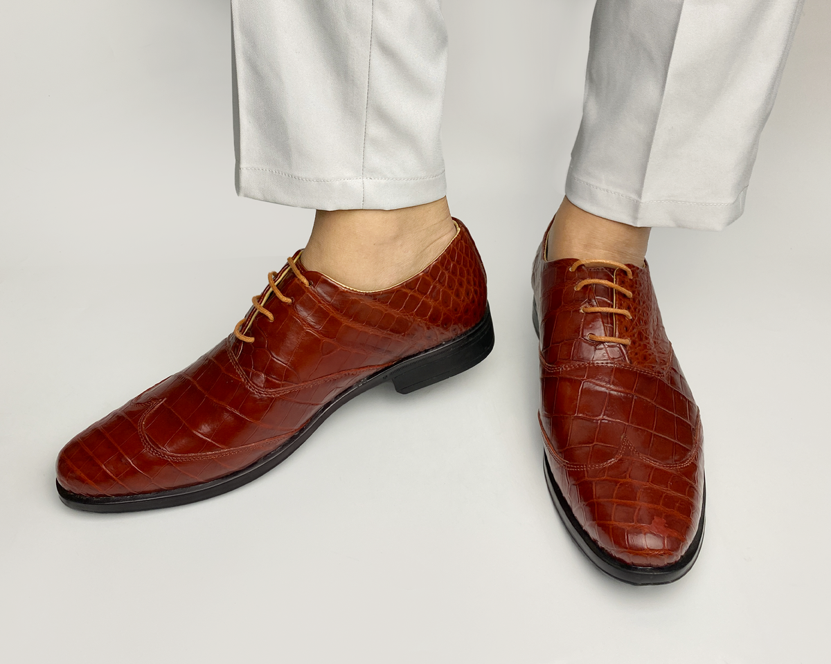 Light Brown Crocodile Belly Leather Oxford Shoes For Men | Alligator Skin Dress Party Shoes | SH06A42