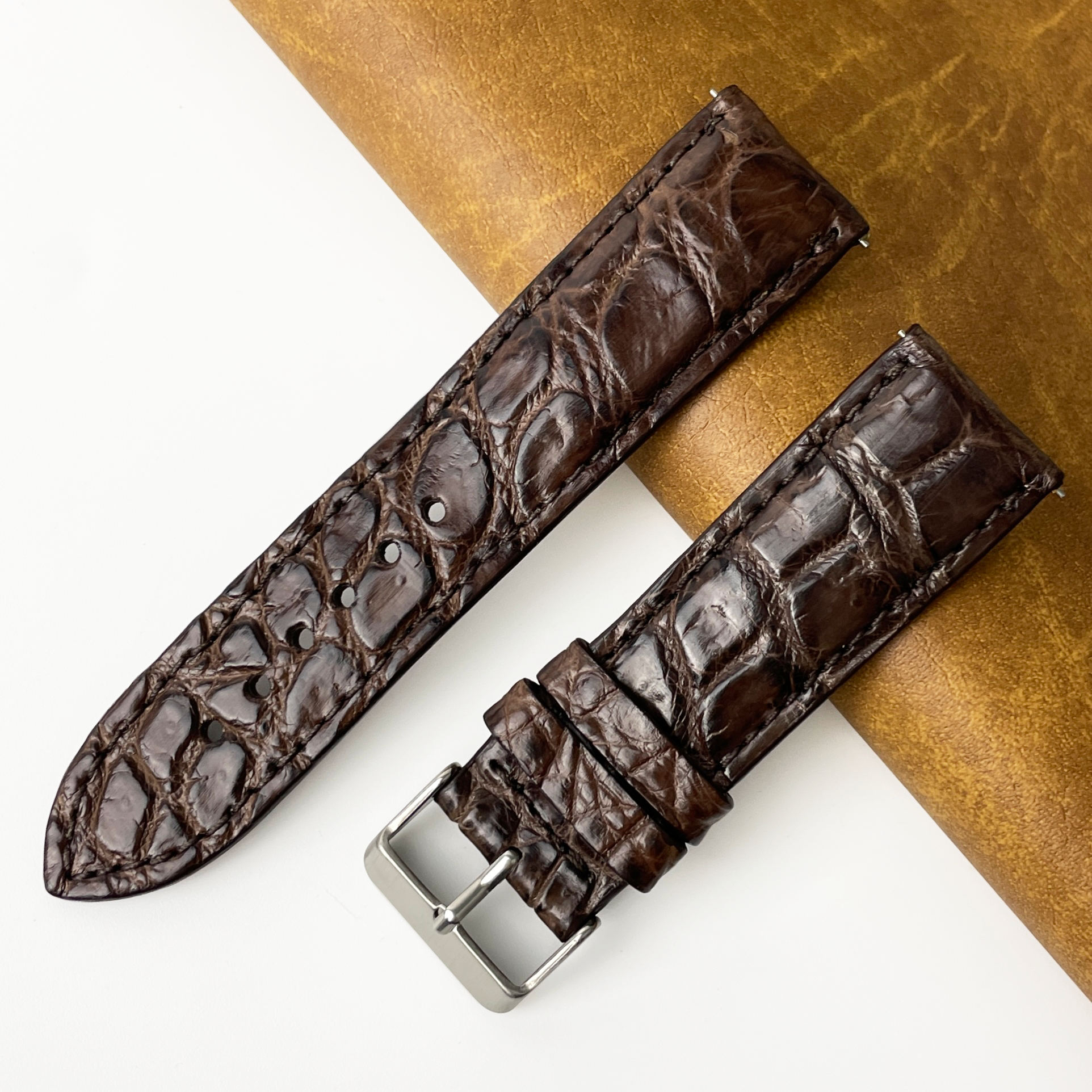 24mm Dark Brown Unique Texture Alligator Leather Watch Band For Men