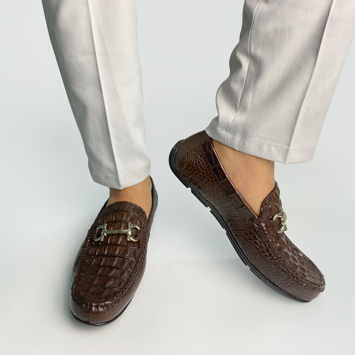 Dark Brown Mens Alligator Hornback Leather Loafers With Buckle | Crocodile Leather Slip On For Men | SH33D42