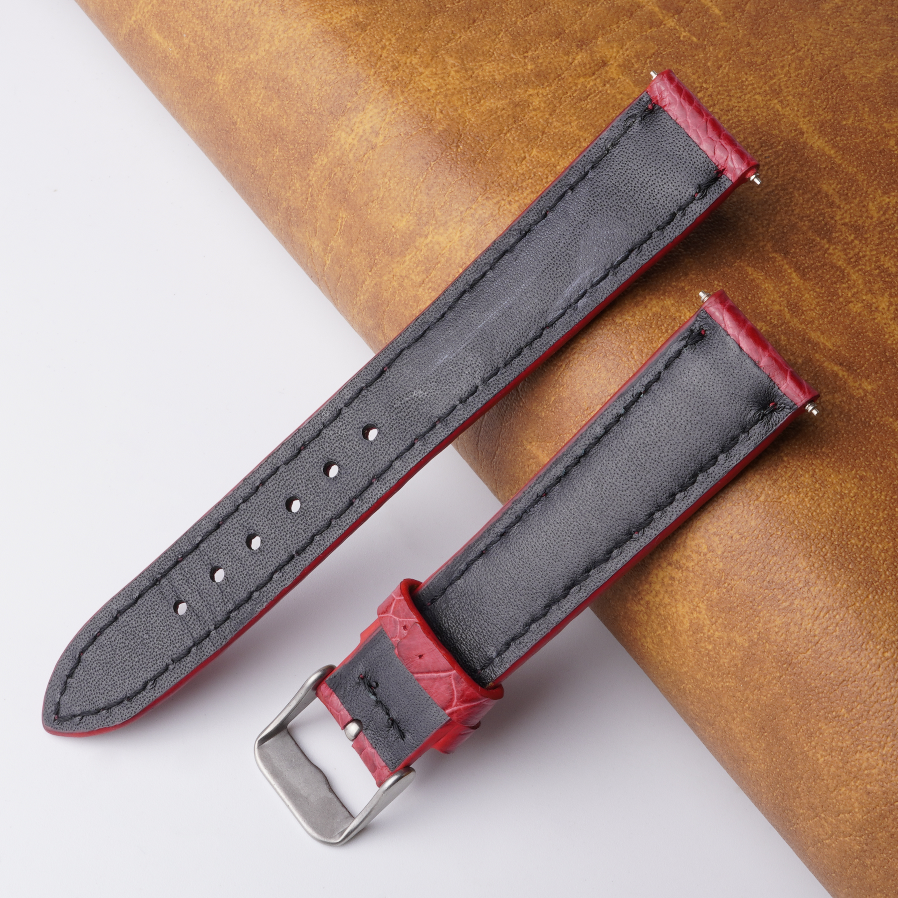 Red Unique Pattern Ostrich Leather Watch Band For Men DH-191A