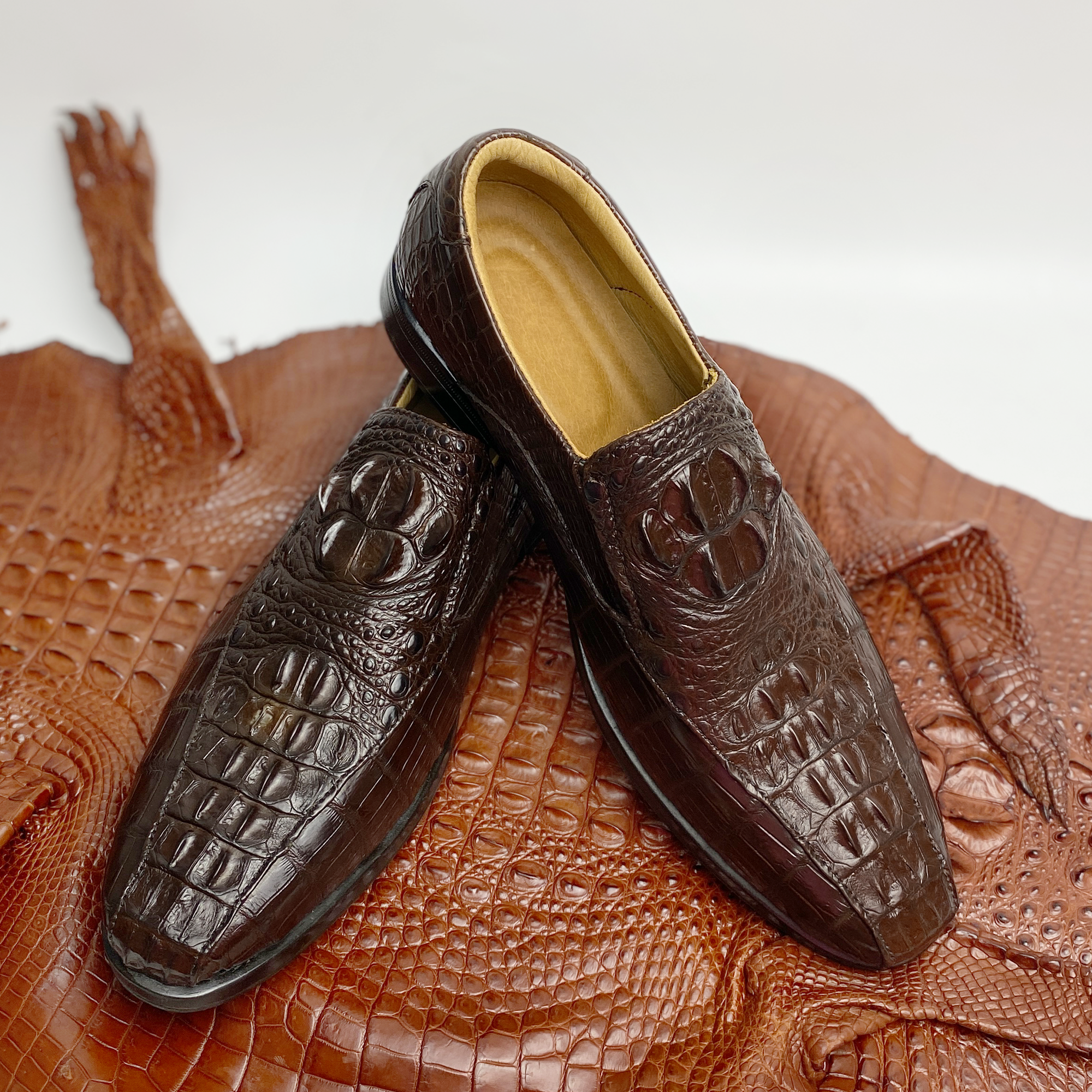 Dark Brown Mens Alligator Leather Slip-On Loafer Shoes | Crocodile Hornback Leather Loffer | SH53F