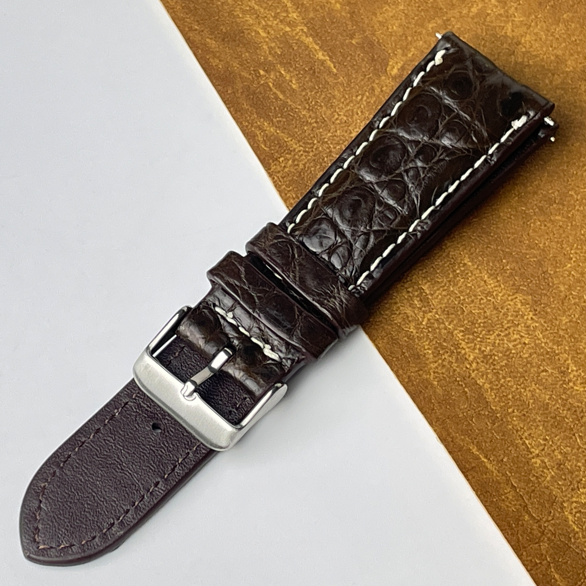 24mm Dark Brown Unique Alligator Leather Watch Band For Men | DH-78-E