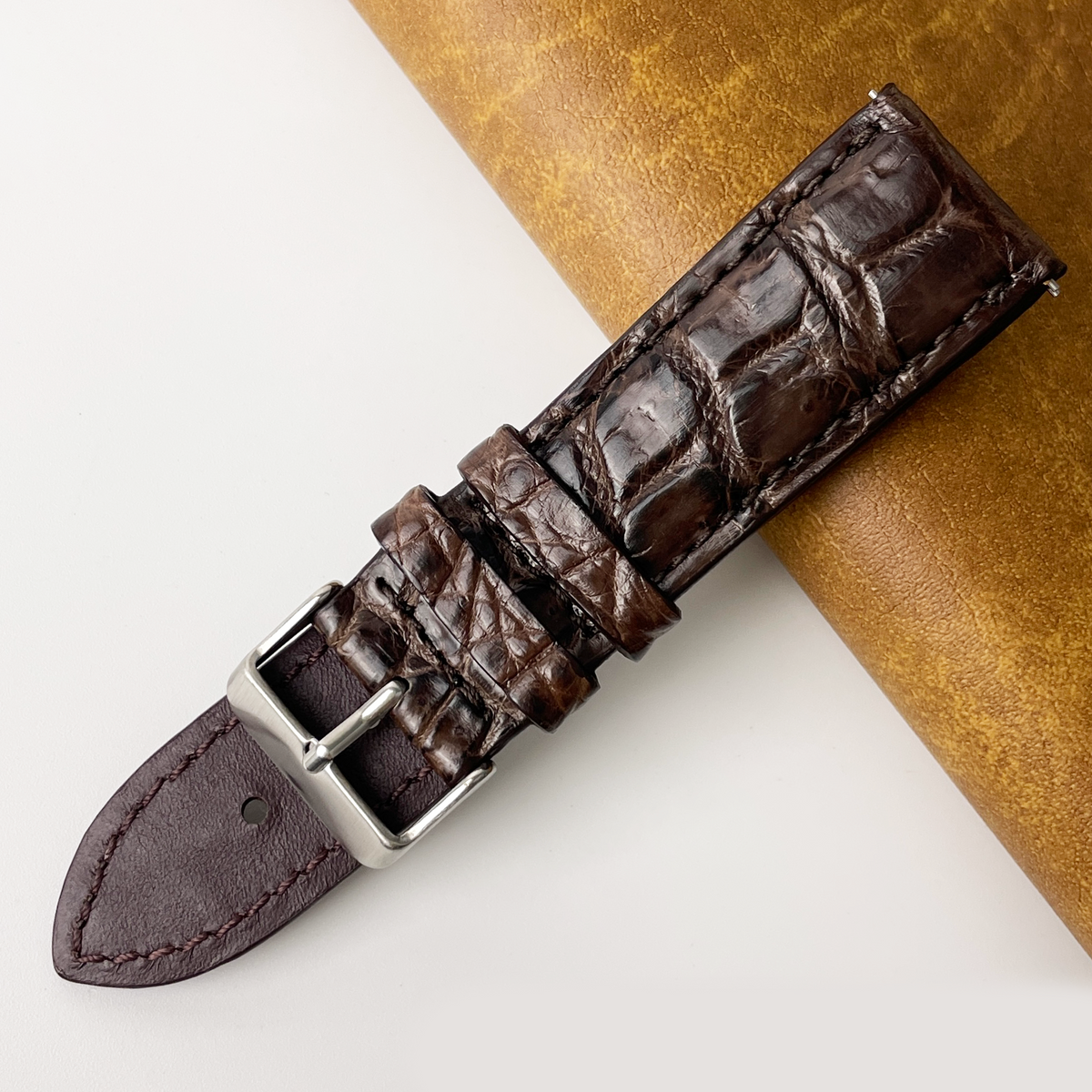 24mm Dark Brown Unique Texture Alligator Leather Watch Band For Men