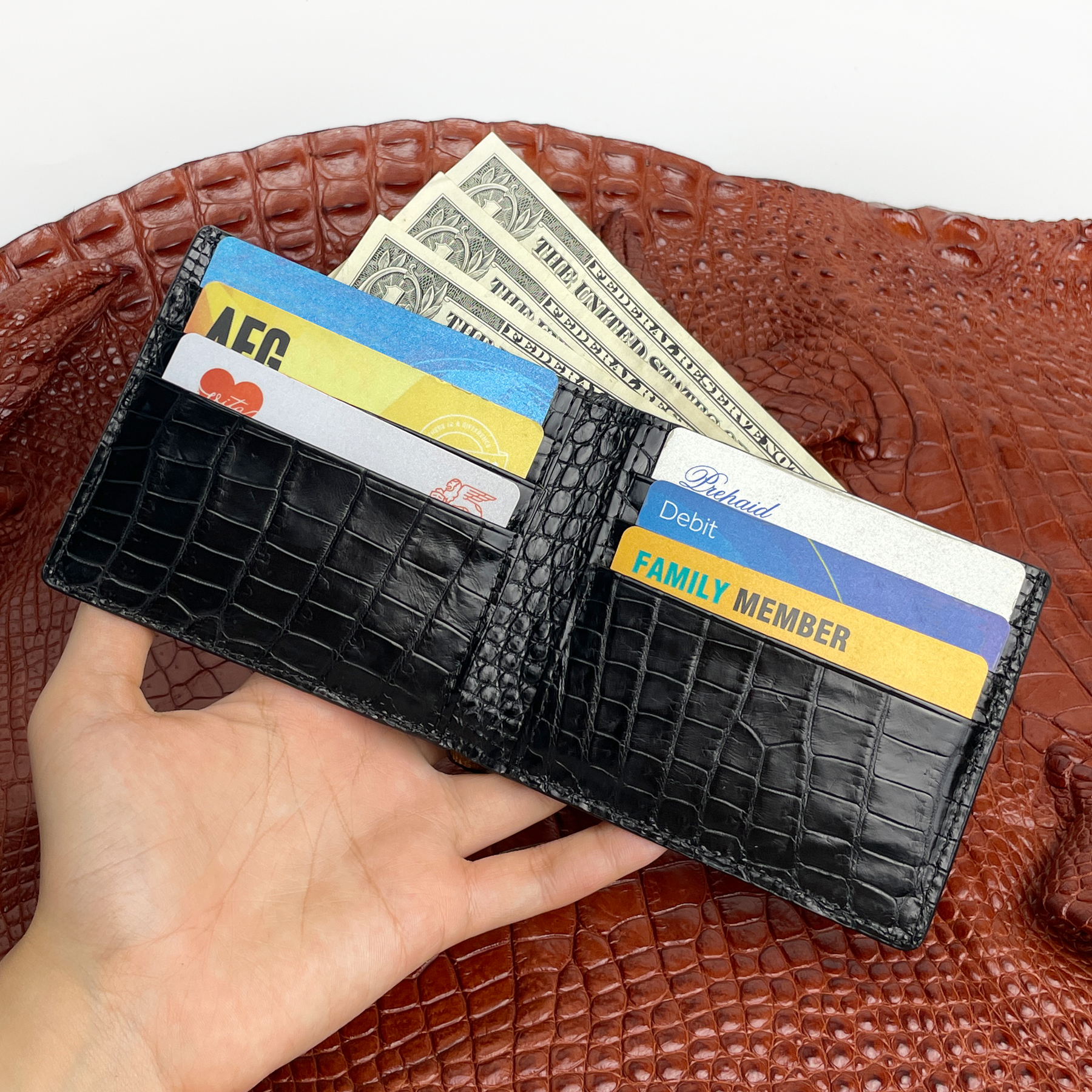Black Double Side Alligator Slim Bifold Wallet For Men