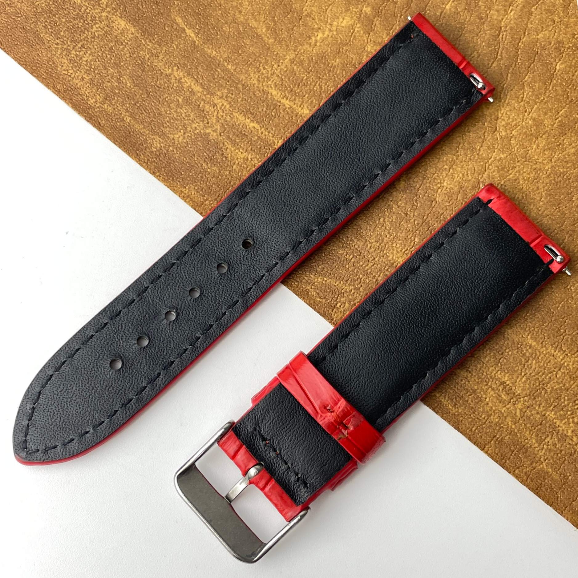 Bright Red Unique Pattern Alligator Leather Watch Band