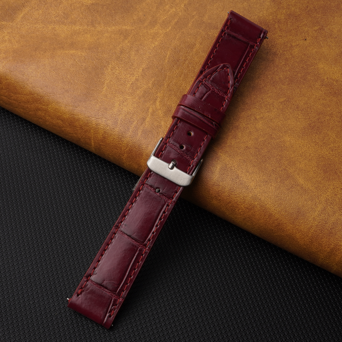 Flat Burgundy Alligator Leather Watch Band