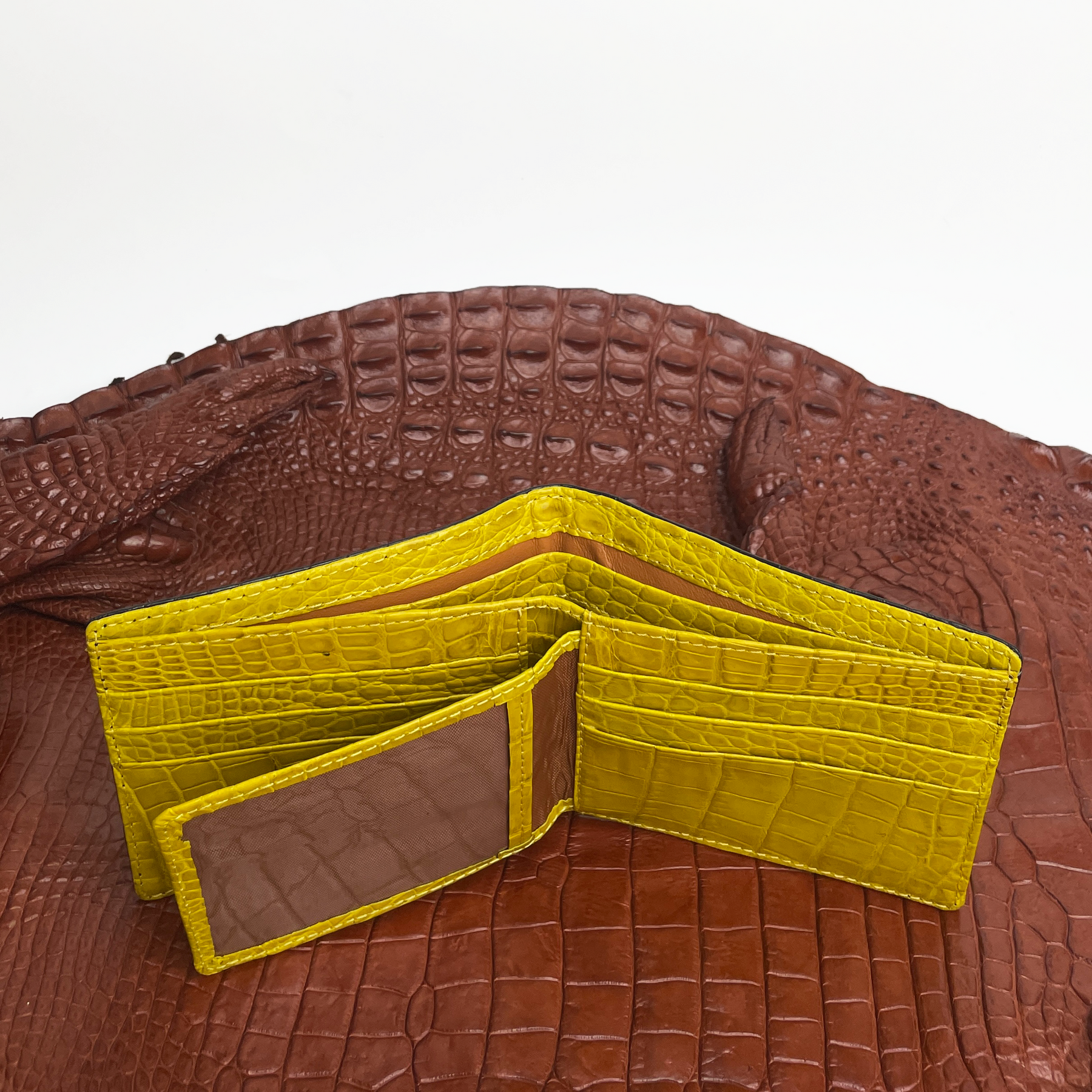 Black Yellow Double Side Alligator Leather Classic Bifold Wallet For Men