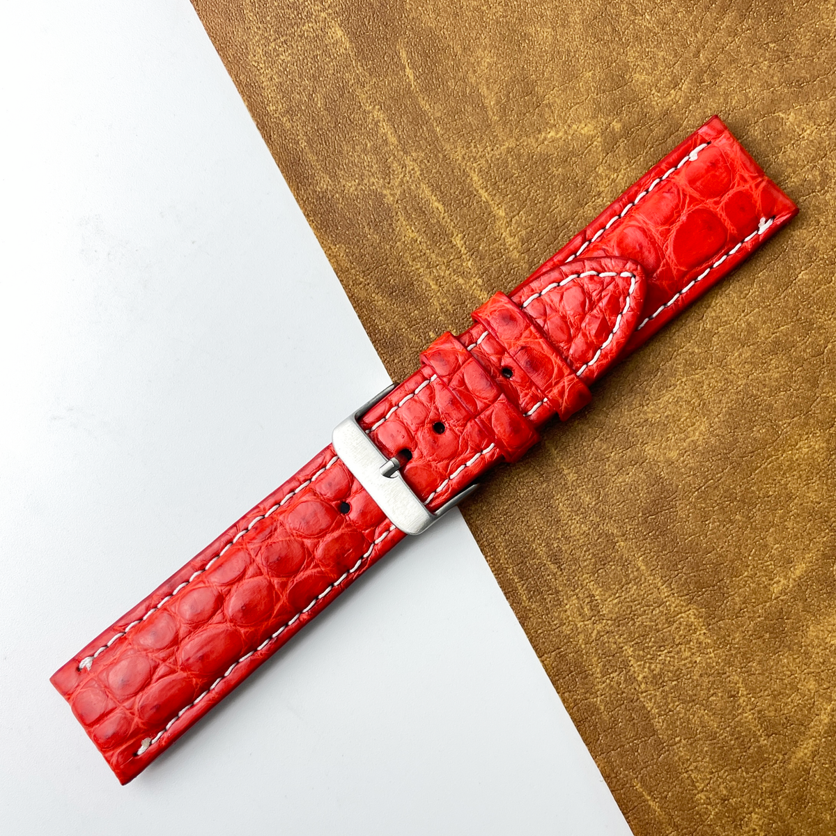 Bright Red Unique Pattern Alligator Leather Watch Band