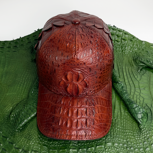 Brown Alligator Leather Cap - Fashionable Exotic Adjustable Outdoor Baseball Cap | Cowboy Style | HAT-BRO-22