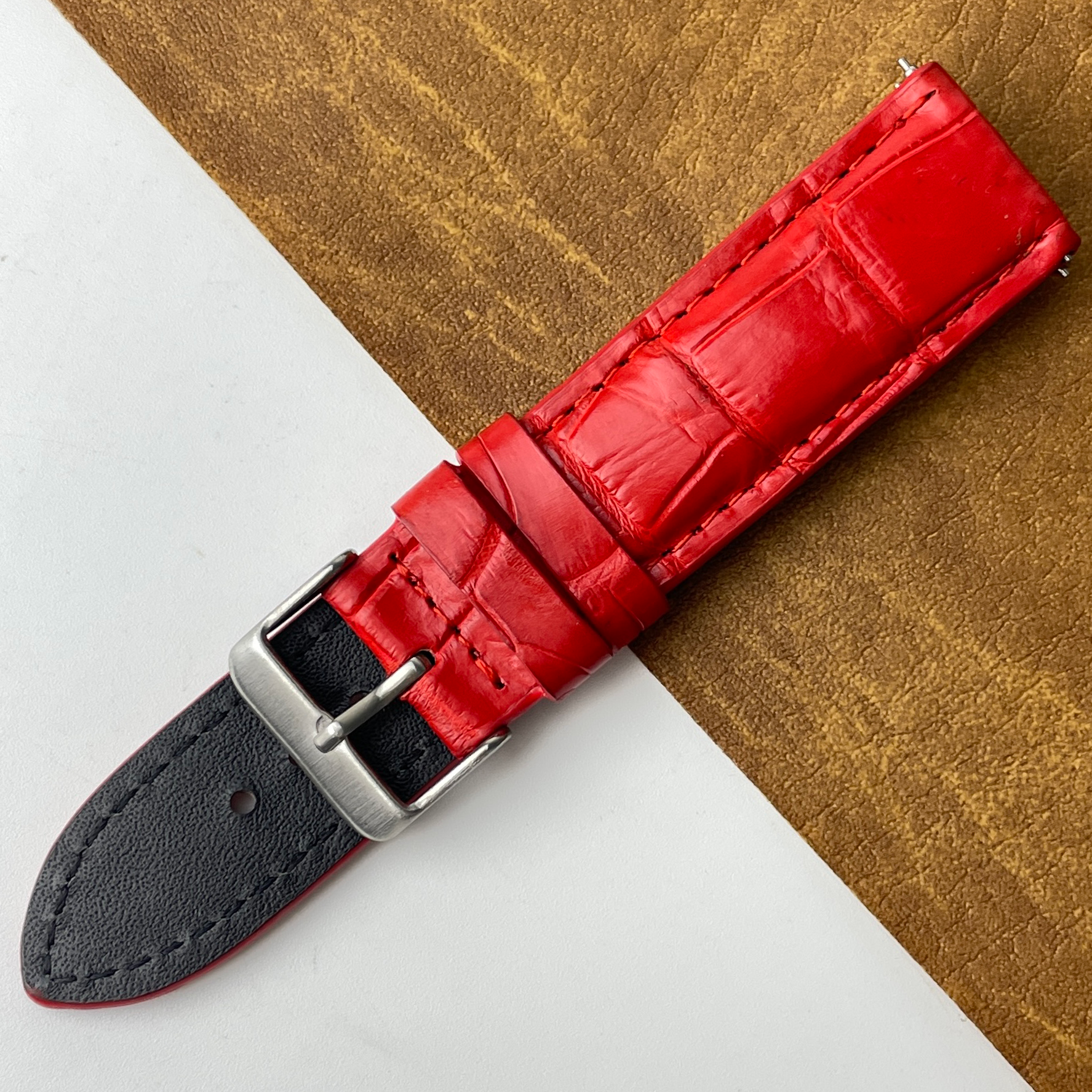 Bright Red Unique Pattern Alligator Leather Watch Band