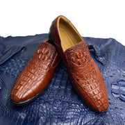 Light Brown Mens Alligator Leather Slip-On Loafer | Crocodile Hornback Moc Toe Loafer | SH56F