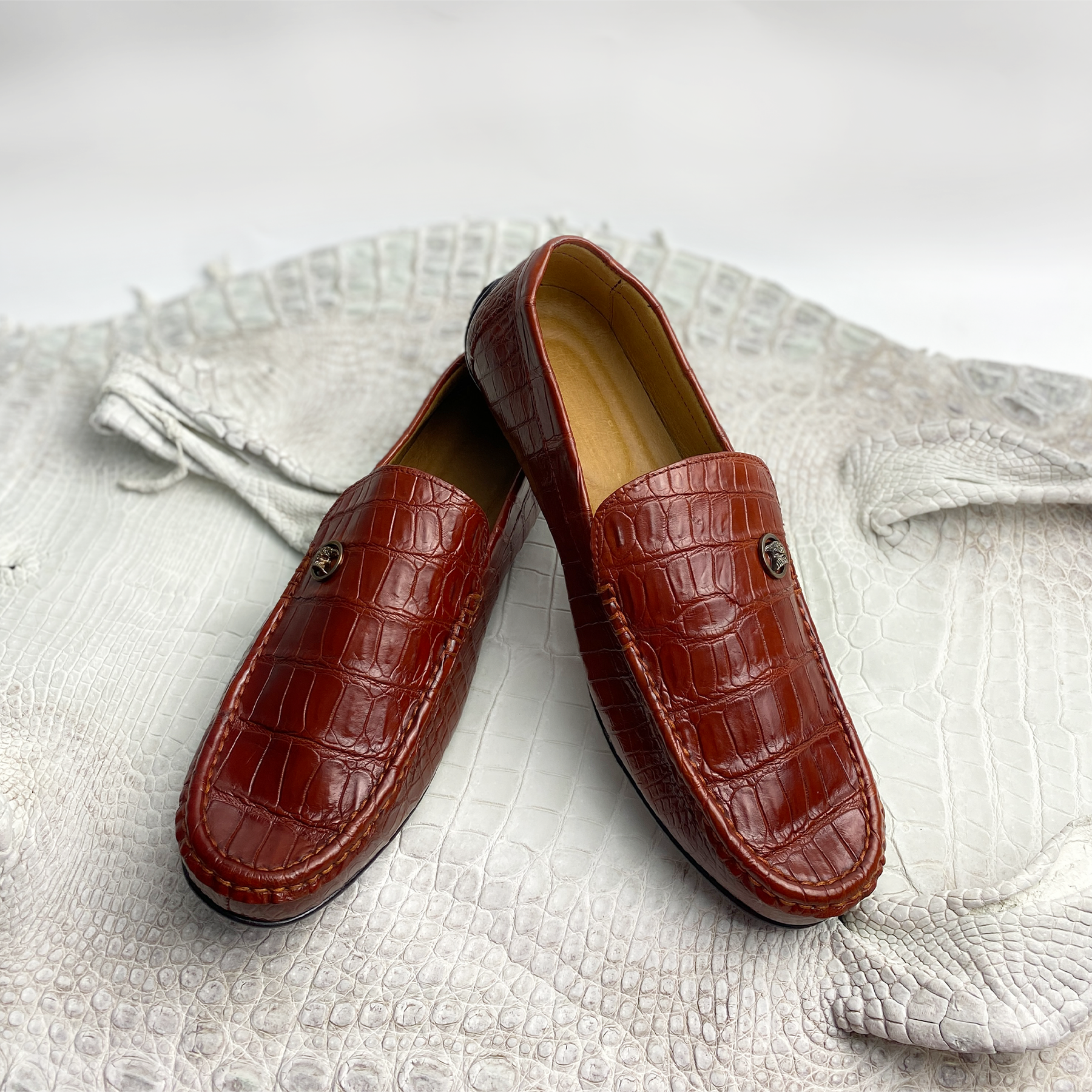 Light Brown Alligator Leather Moccasin Loafer | Crocodile Belly Skin Moccasin Loafer | SH96L42