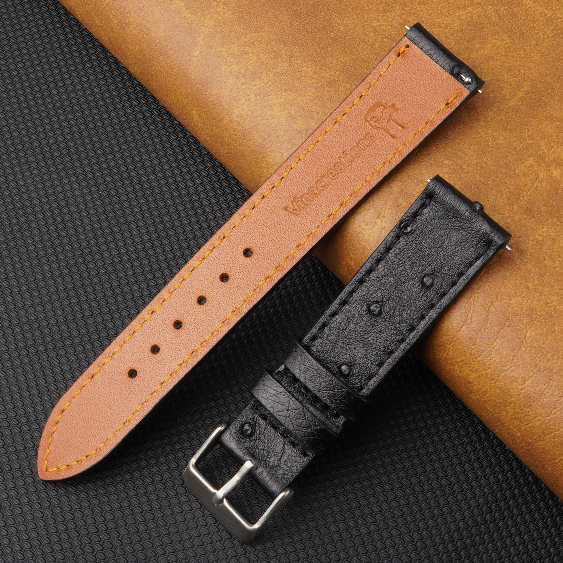 Slim Black Ostrich Leather Watch Band