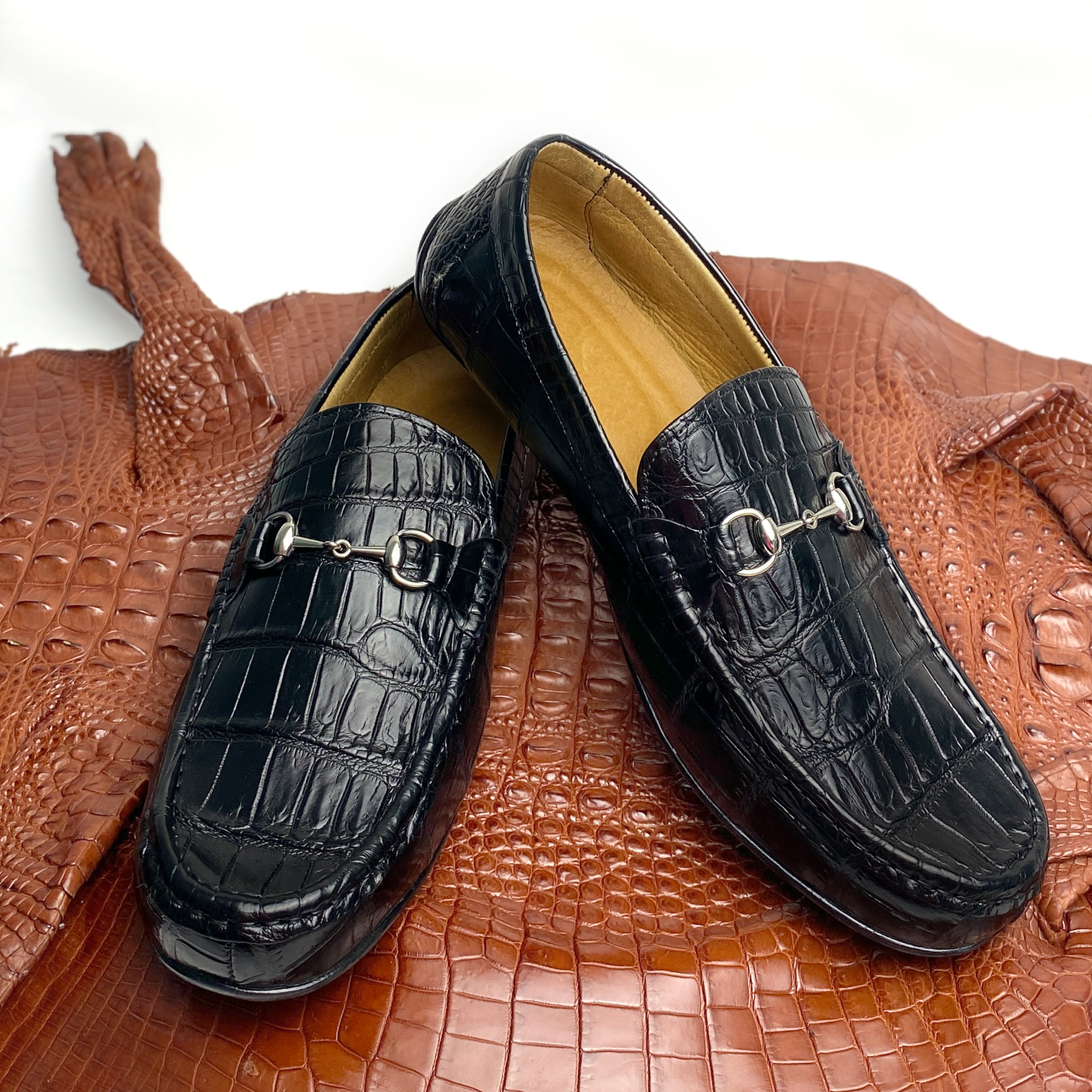 Men's Black Alligator Leather Horsebit Loafers | Belly Crocodile Skin Loafer Shoes For Men - SH21C42