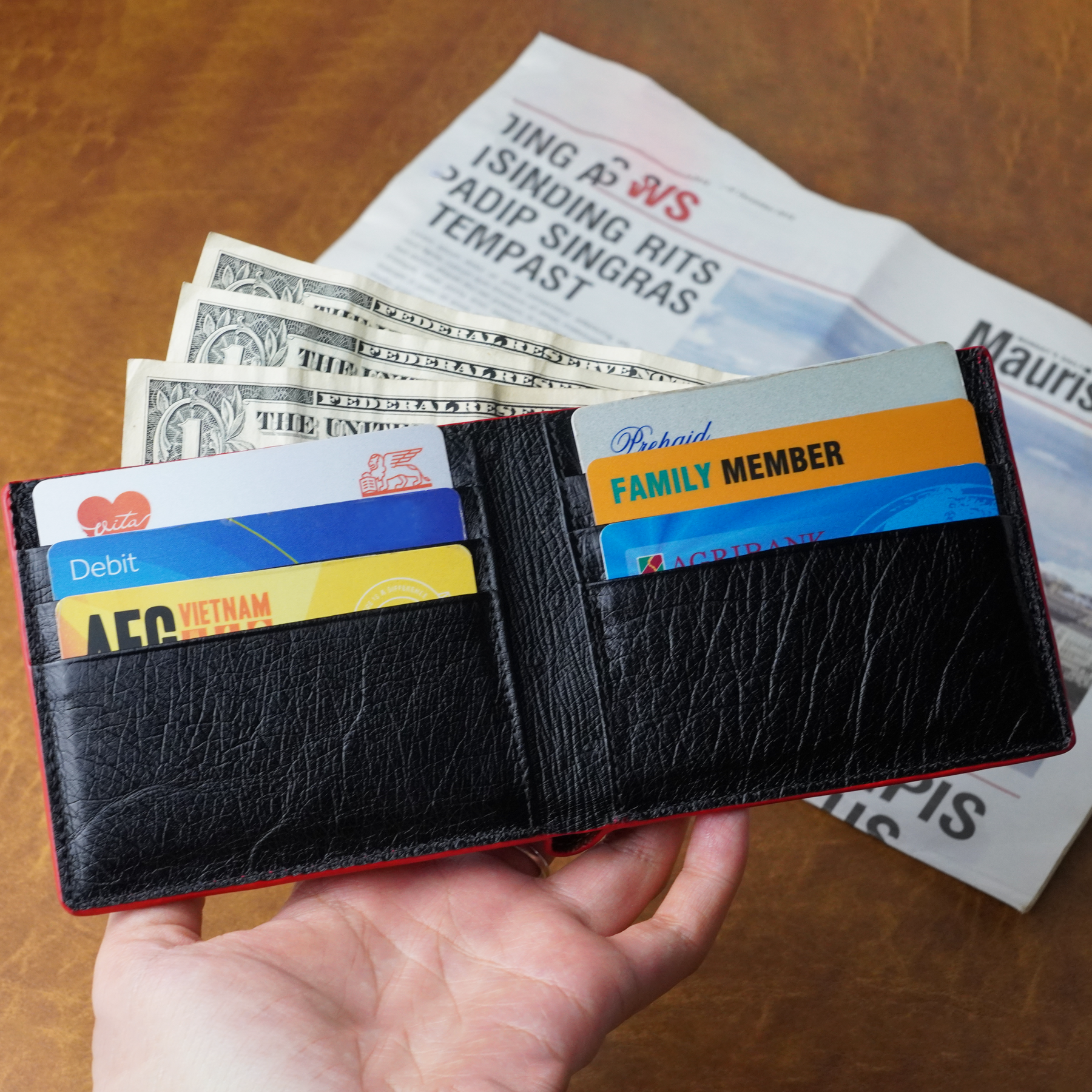 Red Black Double Side Ostrich Leather Bifold Handmade Wallet RFID Blocking | VINAMOS-71