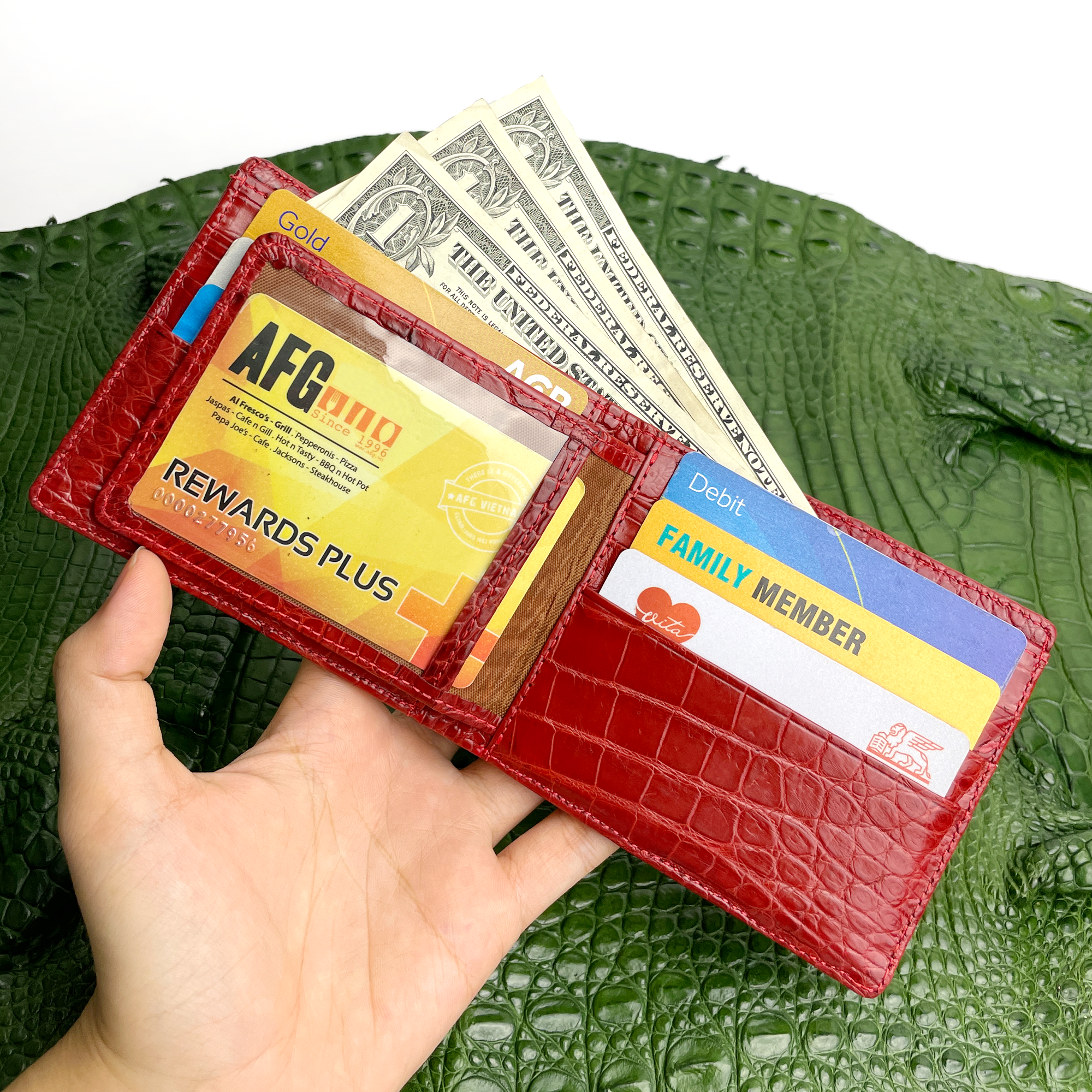 Black Double Side Alligator Hornback Leather Bifold Wallet