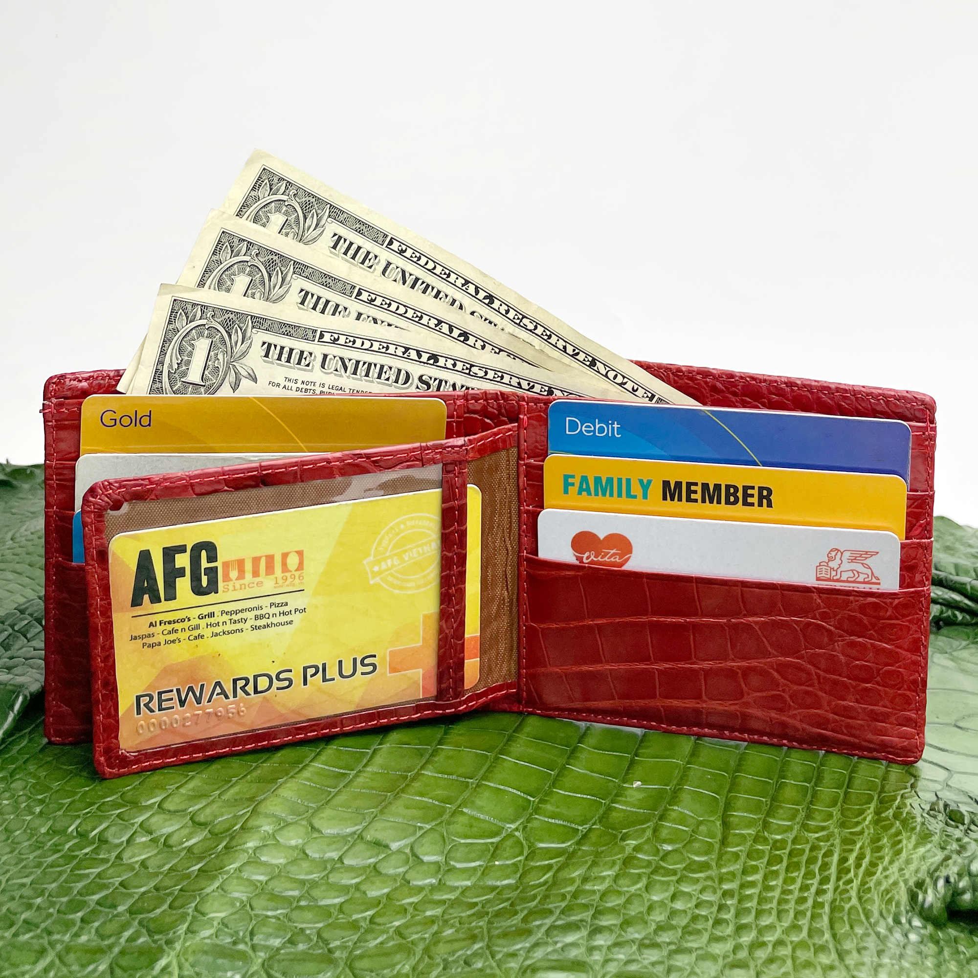 Black Double Side Alligator Hornback Leather Bifold Wallet