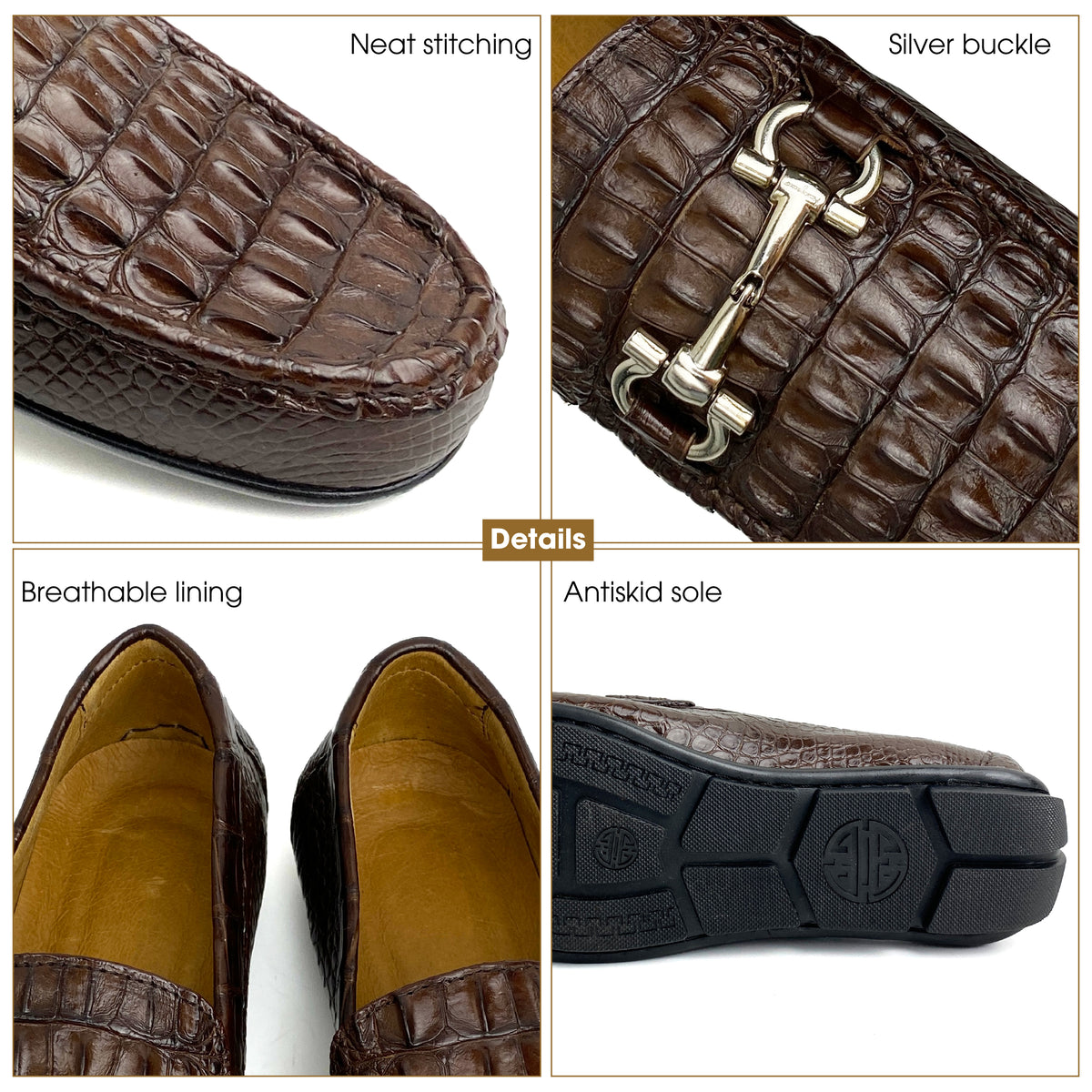 Dark Brown Mens Alligator Hornback Leather Loafers With Buckle | Crocodile Leather Slip On For Men | SH33D42