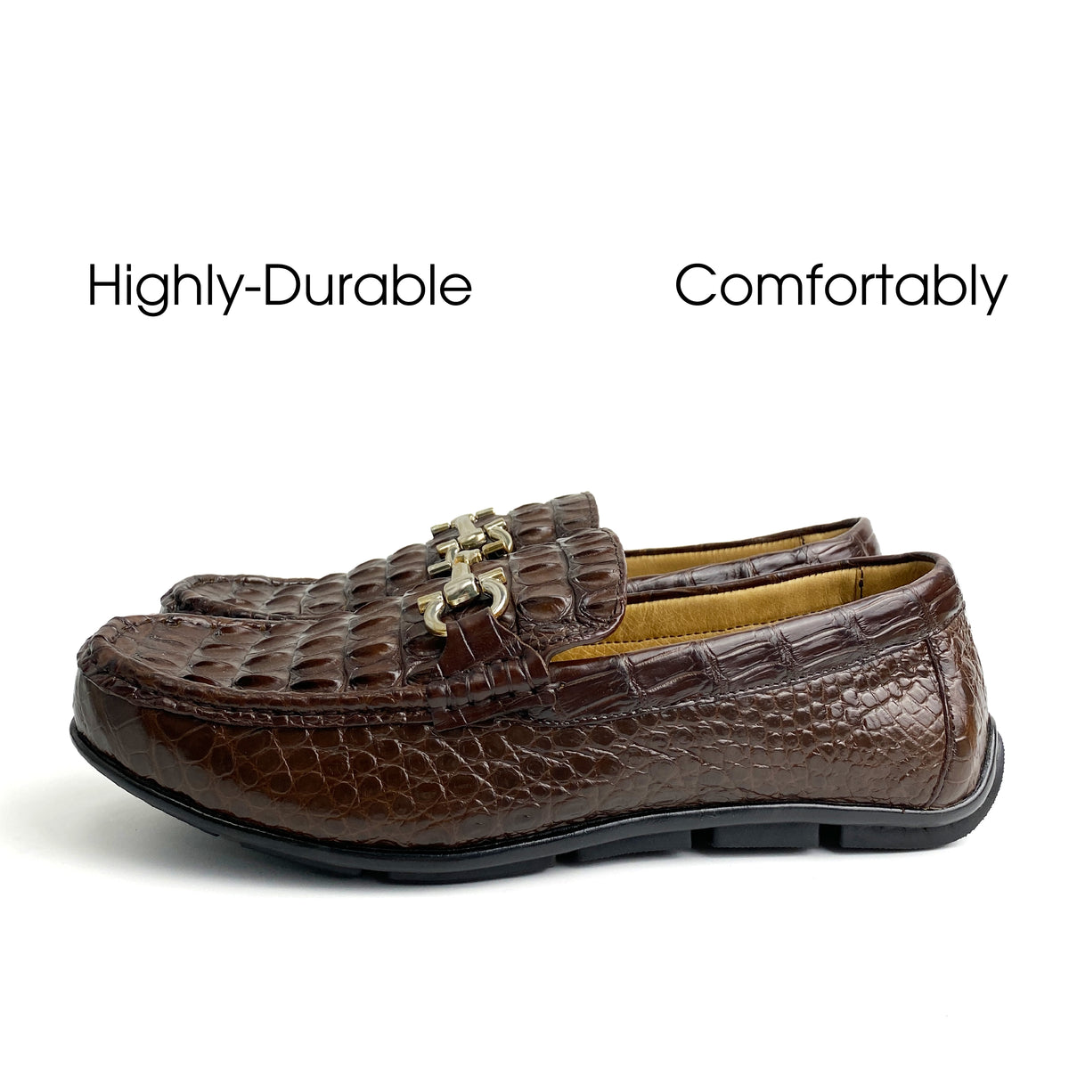 Dark Brown Mens Alligator Hornback Leather Loafers With Buckle | Crocodile Leather Slip On For Men | SH33D42