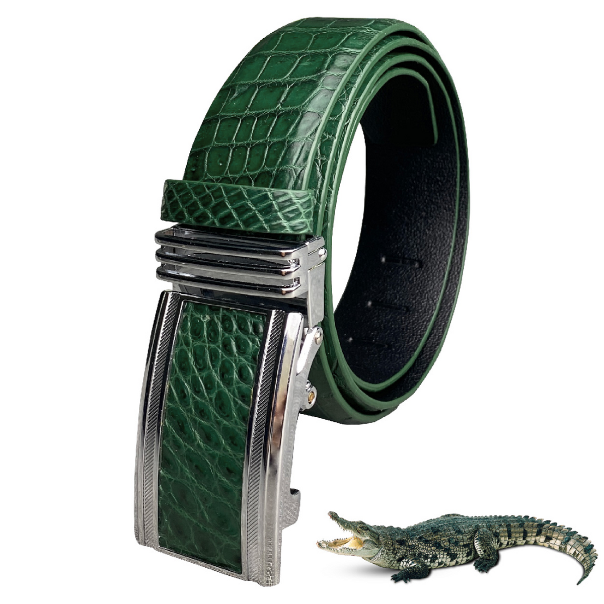 Handcrafted Green Alligator Belt Men's - Crocodile Skin Belly Belt 1.5" - Automactic Buckle - BE-GRE-08 - Vinacreations