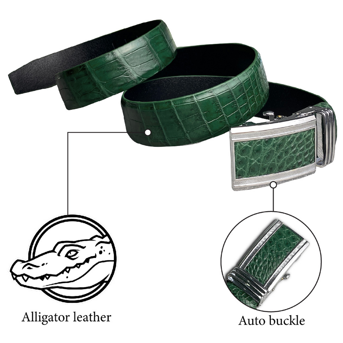 Handcrafted Green Alligator Belt Men's - Crocodile Skin Belly Belt 1.5" - Automactic Buckle - BE-GRE-08 - Vinacreations
