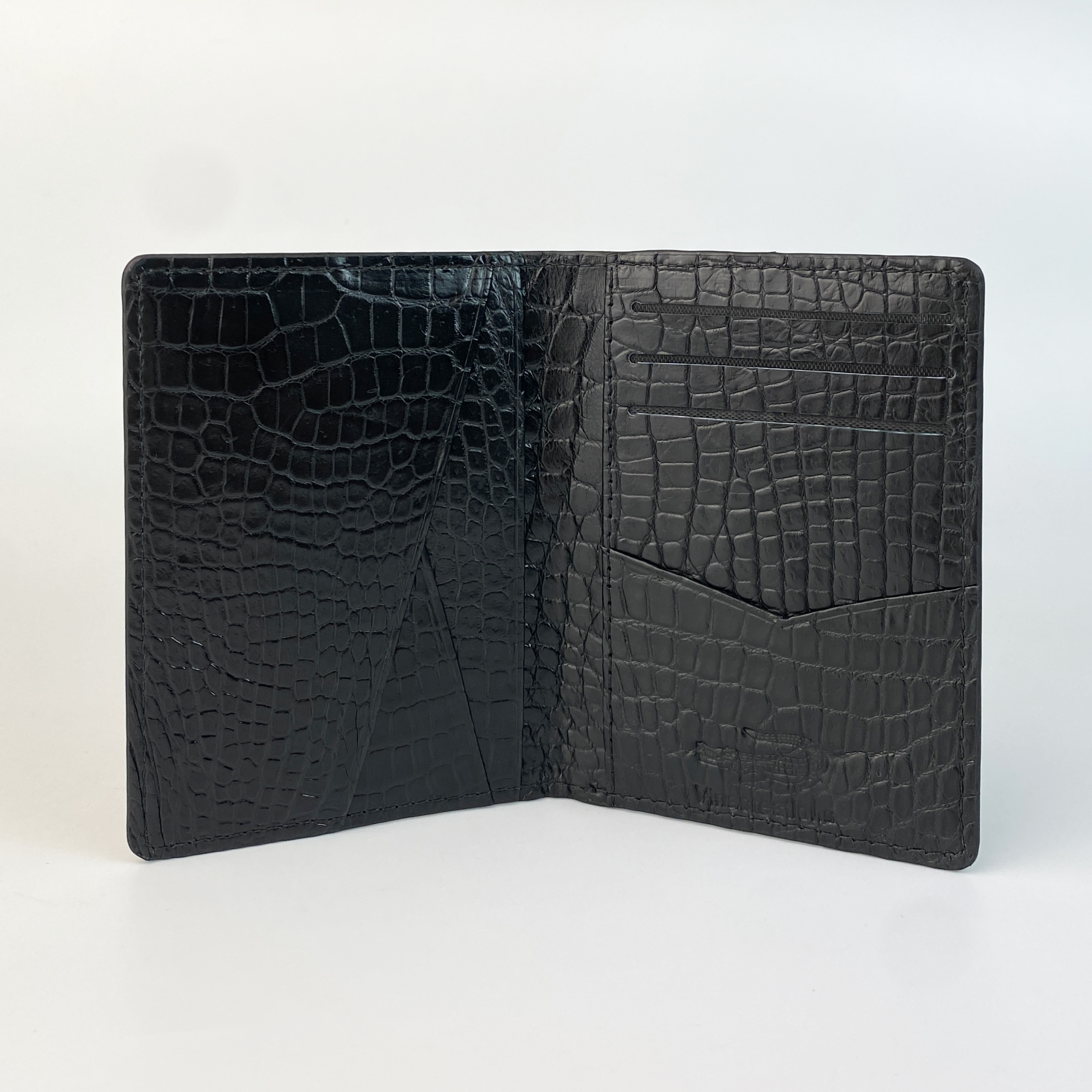 Black Slim Alligator Leather Credit Card Holder Double Side Crocodile Skin RFID Blocking | VINAM-84