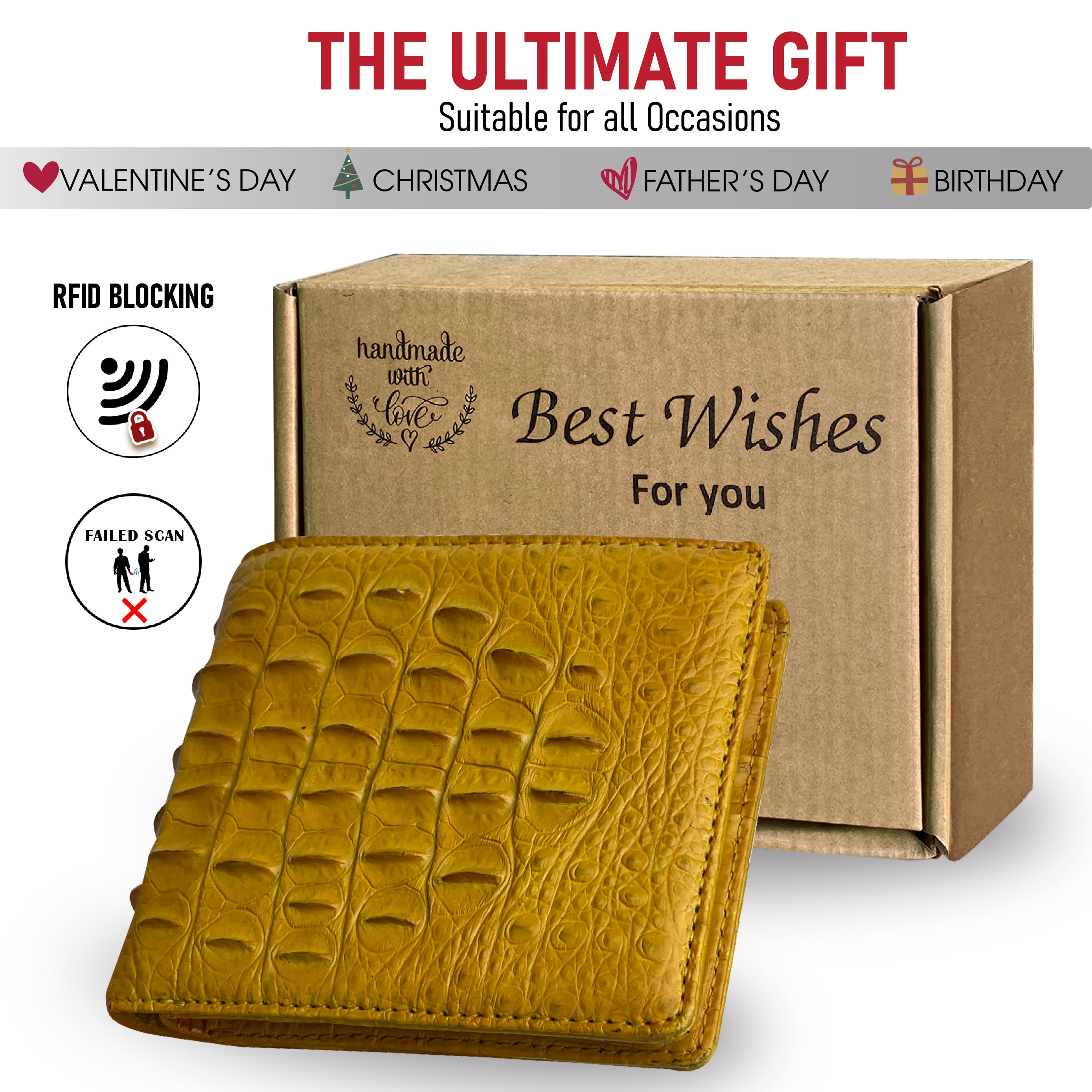 Yellow Double Side Alligator Hornback Leather Bifold Wallet