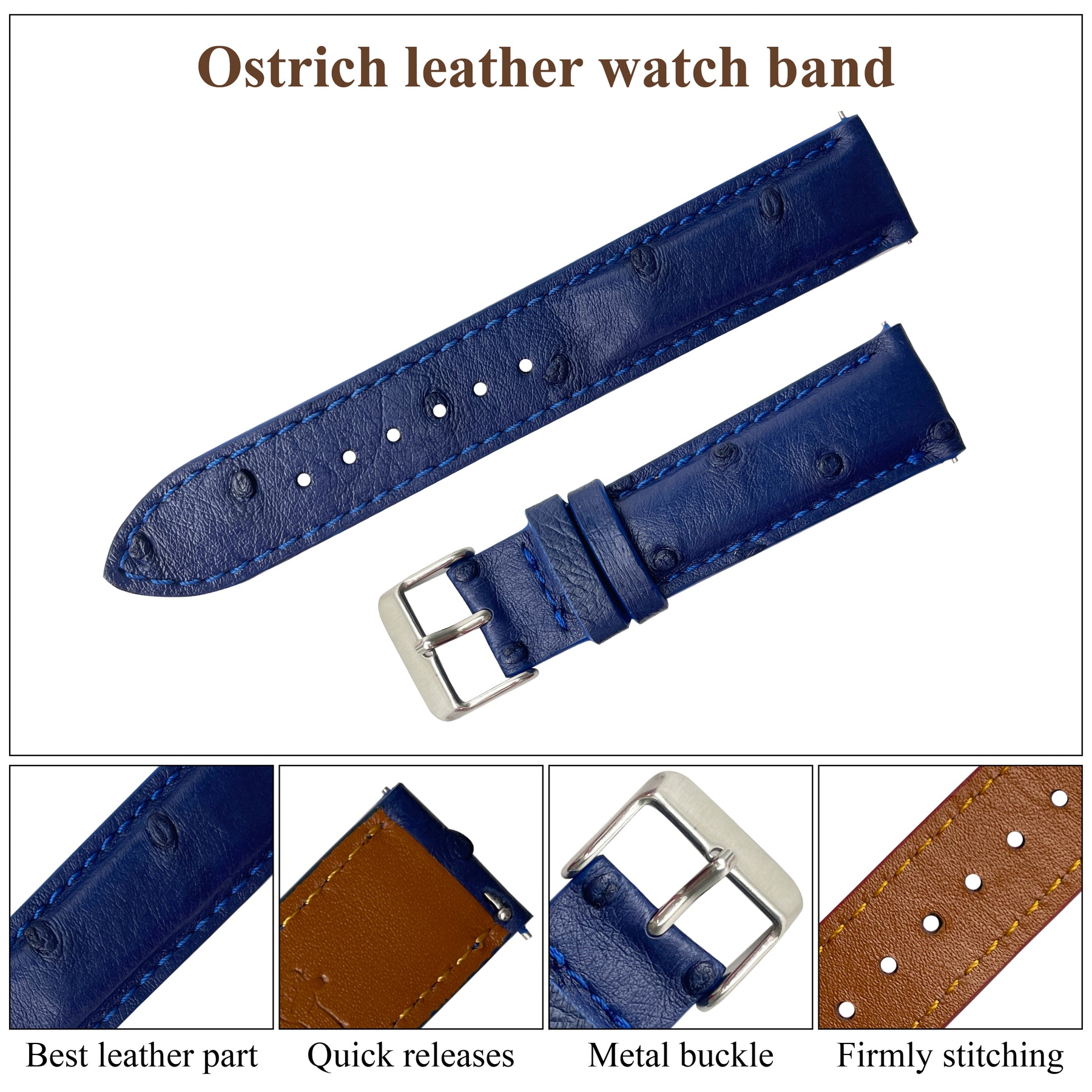 Blue Genuine Ostrich Leather Watch Strap Quick Release