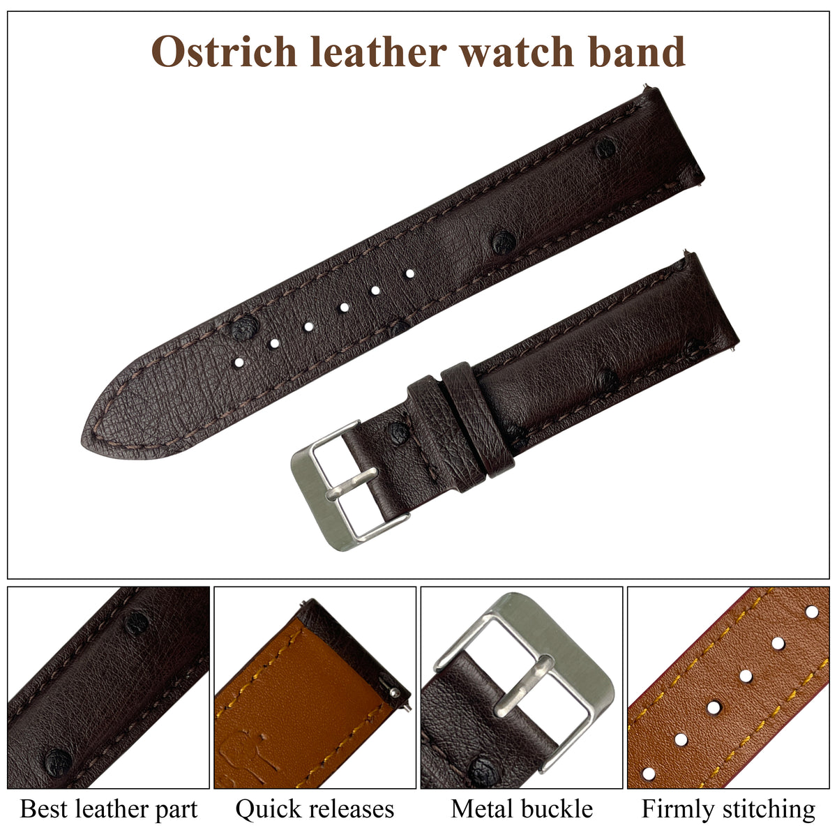 Dark Brown Genuine Ostrich Leather Watch Strap Quick Release