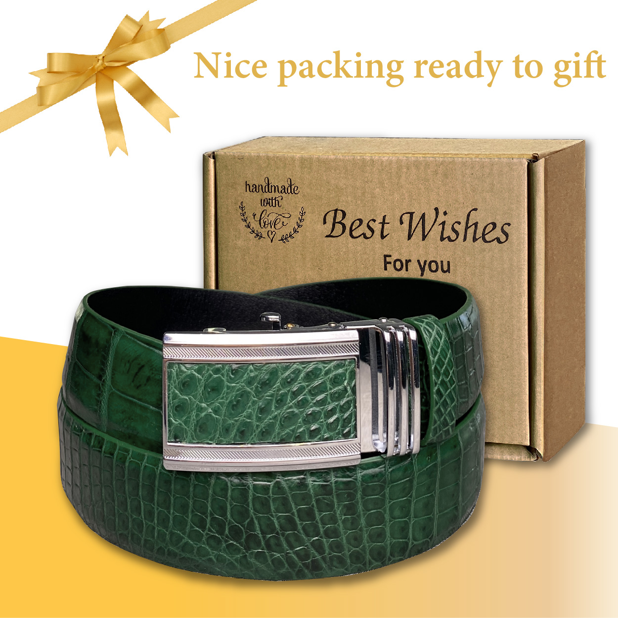 Handcrafted Green Alligator Belt Men's - Crocodile Skin Belly Belt 1.5" - Automactic Buckle - BE-GRE-08 - Vinacreations