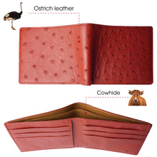 Red Handmade Double Side Ostrich Leather Bifold Wallet for Men | VINAMOS-07