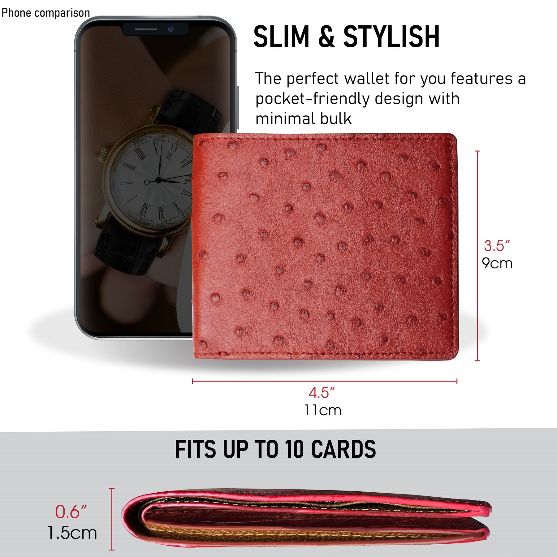 Red Handmade Double Side Ostrich Leather Bifold Wallet for Men | VINAMOS-07