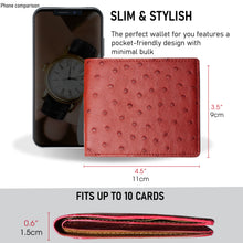 Red Handmade Double Side Ostrich Leather Bifold Wallet for Men | VINAMOS-07