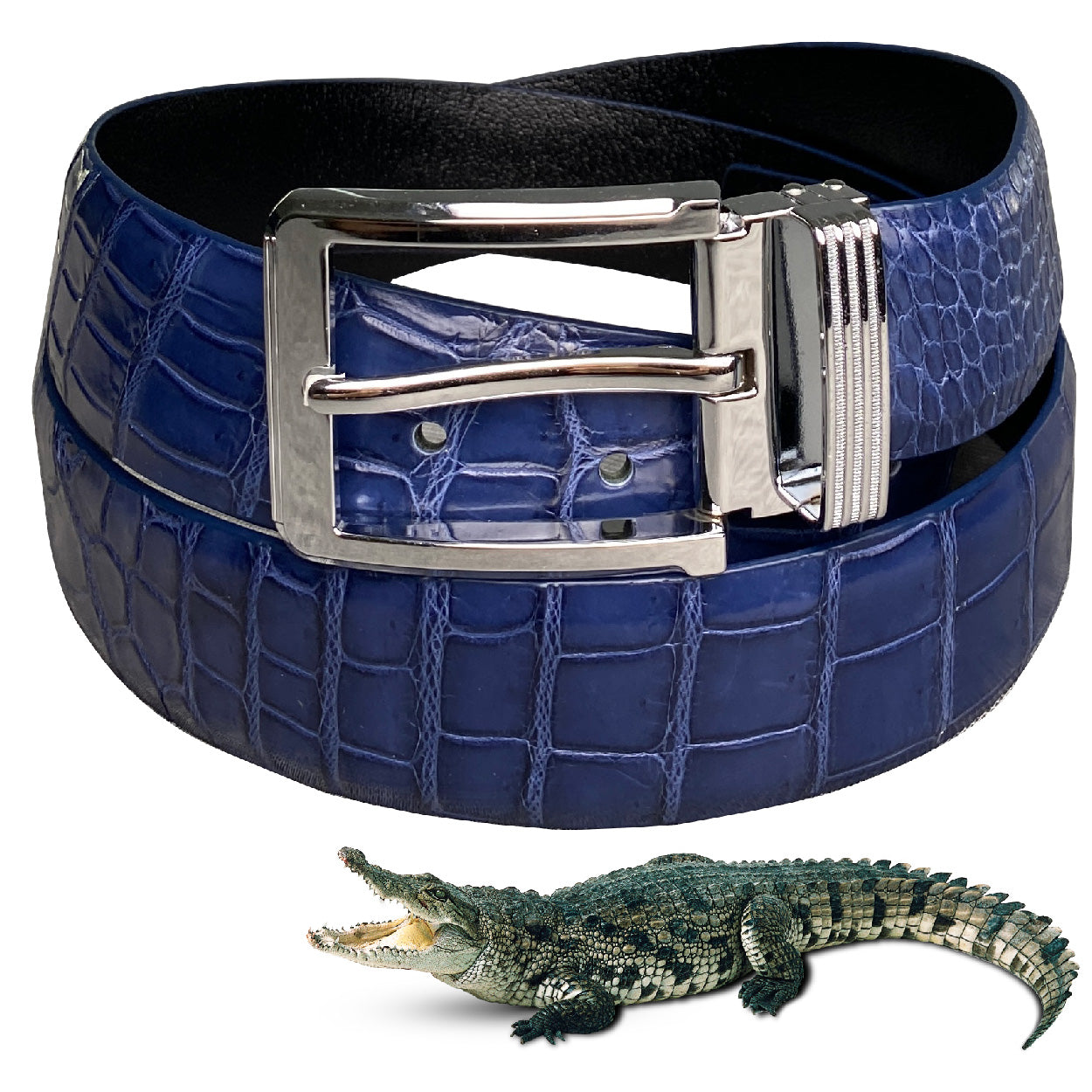 High-end Blue Alligator Belt Men's - Crocodile Skin Belly Belt 1.5" - Pin Buckle - BE-NAV-04-PIN